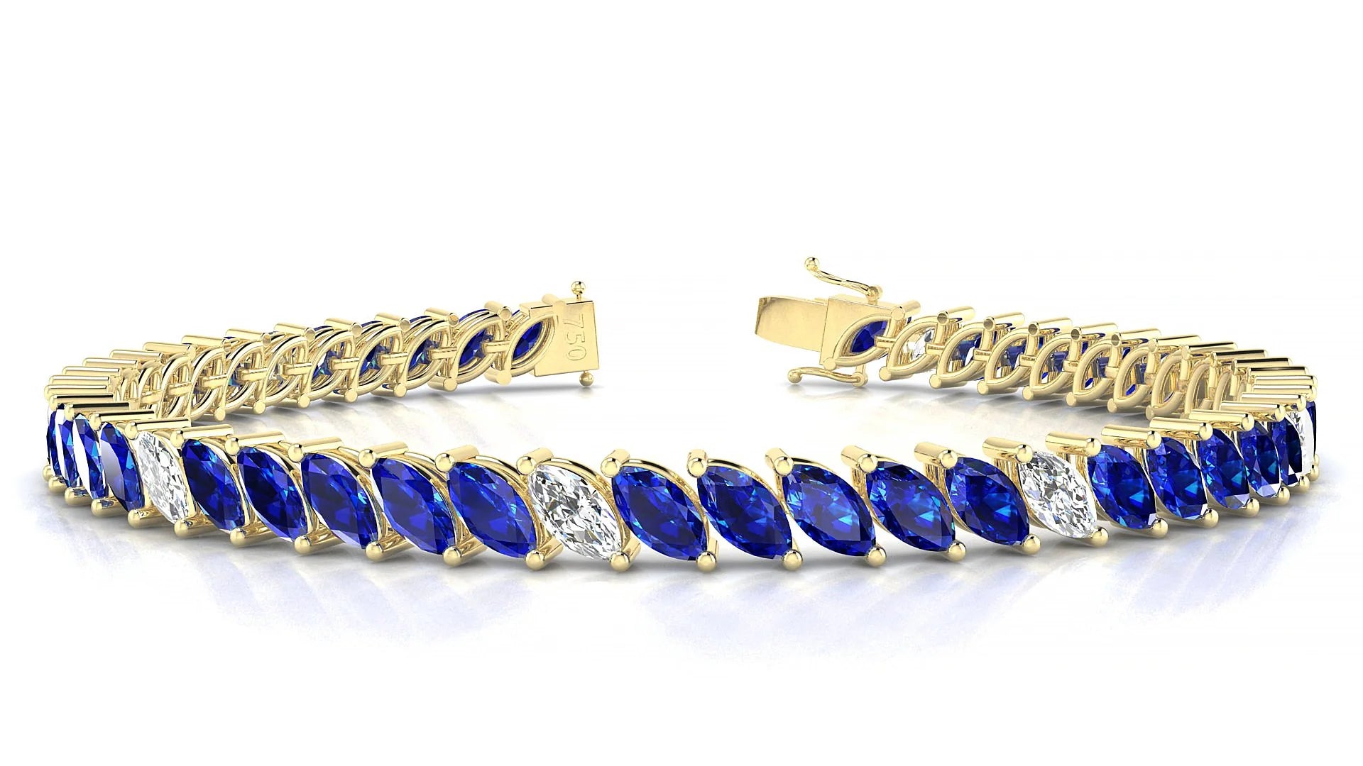 Venezia 5-1 | 18k Yellow Gold 6 x 3 mm Marquise Natural Sapphire & Diamond 18 cm Tennis Bracelet
