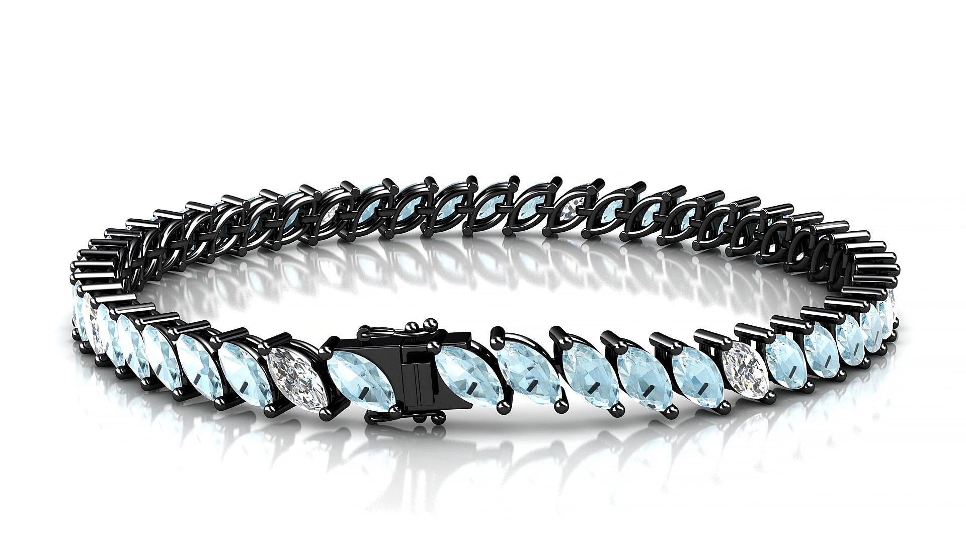 Venezia 5-1 | 18k Black Gold 6 x 3 mm Marquise Natural Aquamarine & Diamond 17 cm Tennis Bracelet