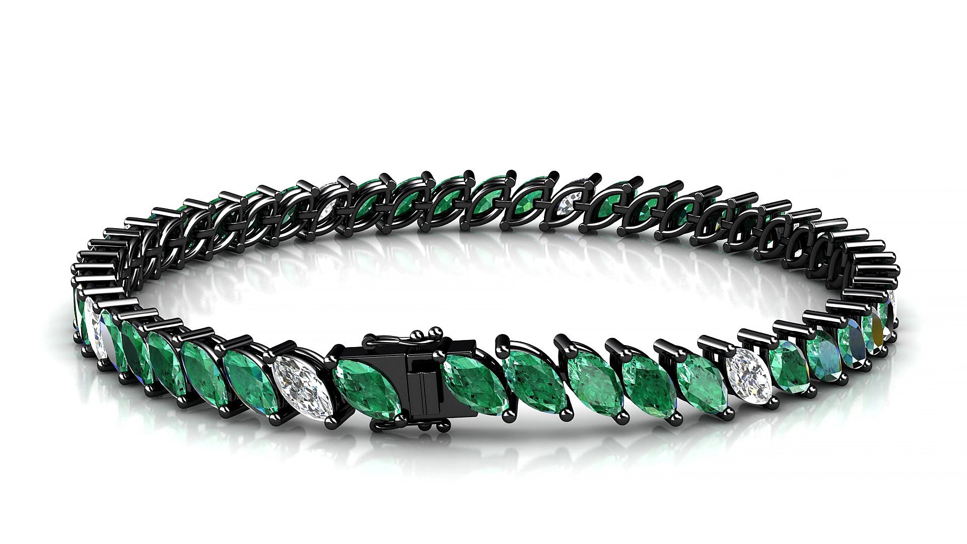 Venezia 5-1 | 18k Black Gold 6 x 3 mm Marquise Natural Emerald & Diamond 15 cm Tennis Bracelet