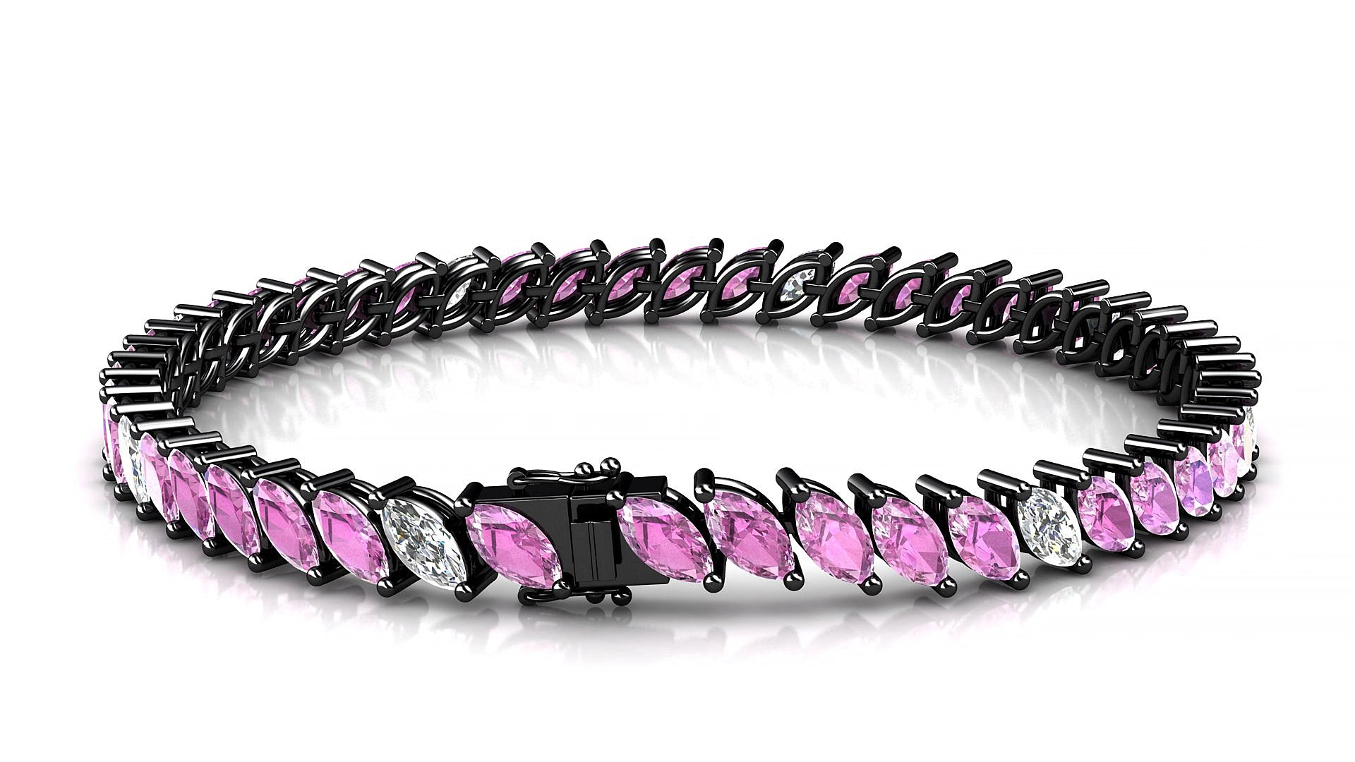 Venezia 5-1 | 18k Black Gold 6 x 3 mm Marquise Natural Pink Sapphire & Diamond 15 cm Tennis Bracelet