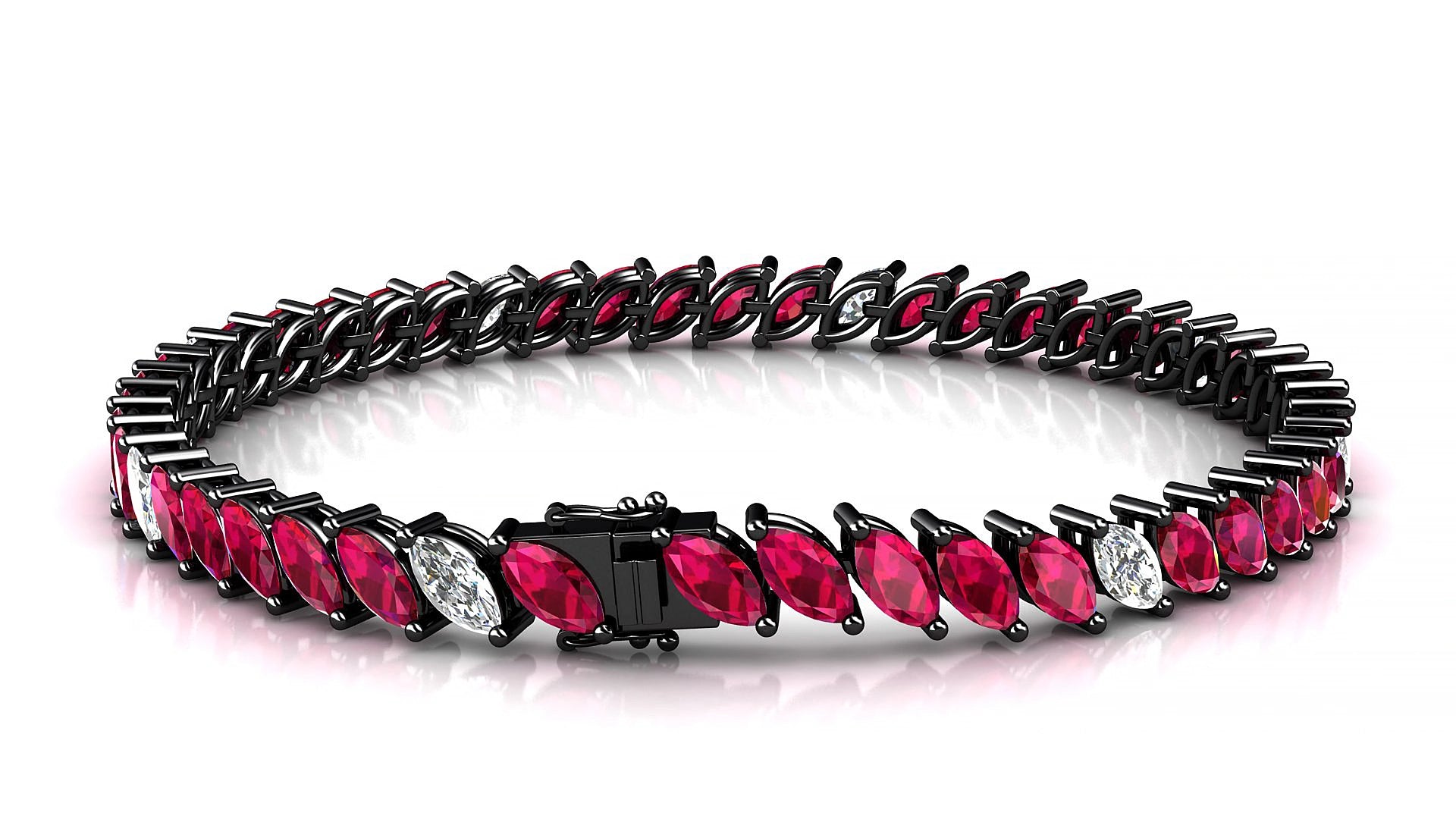 Venezia 5-1 | 18k Black Gold 6 x 3 mm Marquise Natural Ruby & Diamond 15 cm Tennis Bracelet