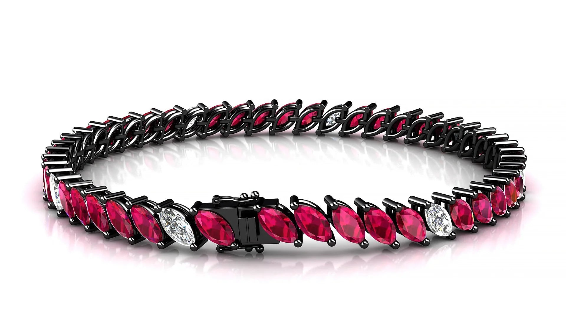 Venezia 5-1 | 18k Black Gold 6 x 3 mm Marquise Natural Ruby & Diamond 18 cm Tennis Bracelet