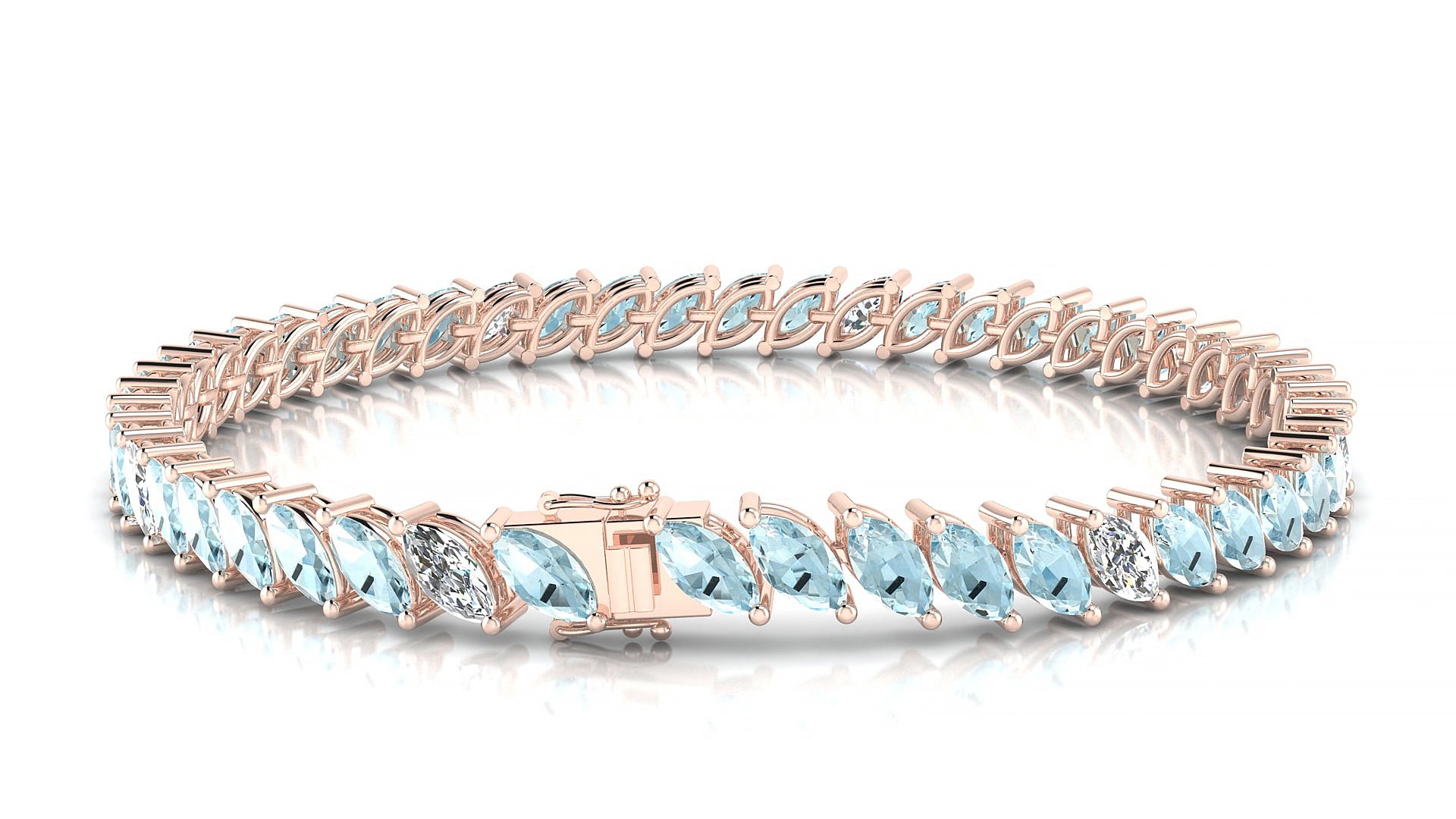 Venezia 5-1 | 18k Rose Gold 6 x 3 mm Marquise Natural Aquamarine & Diamond 17 cm Tennis Bracelet