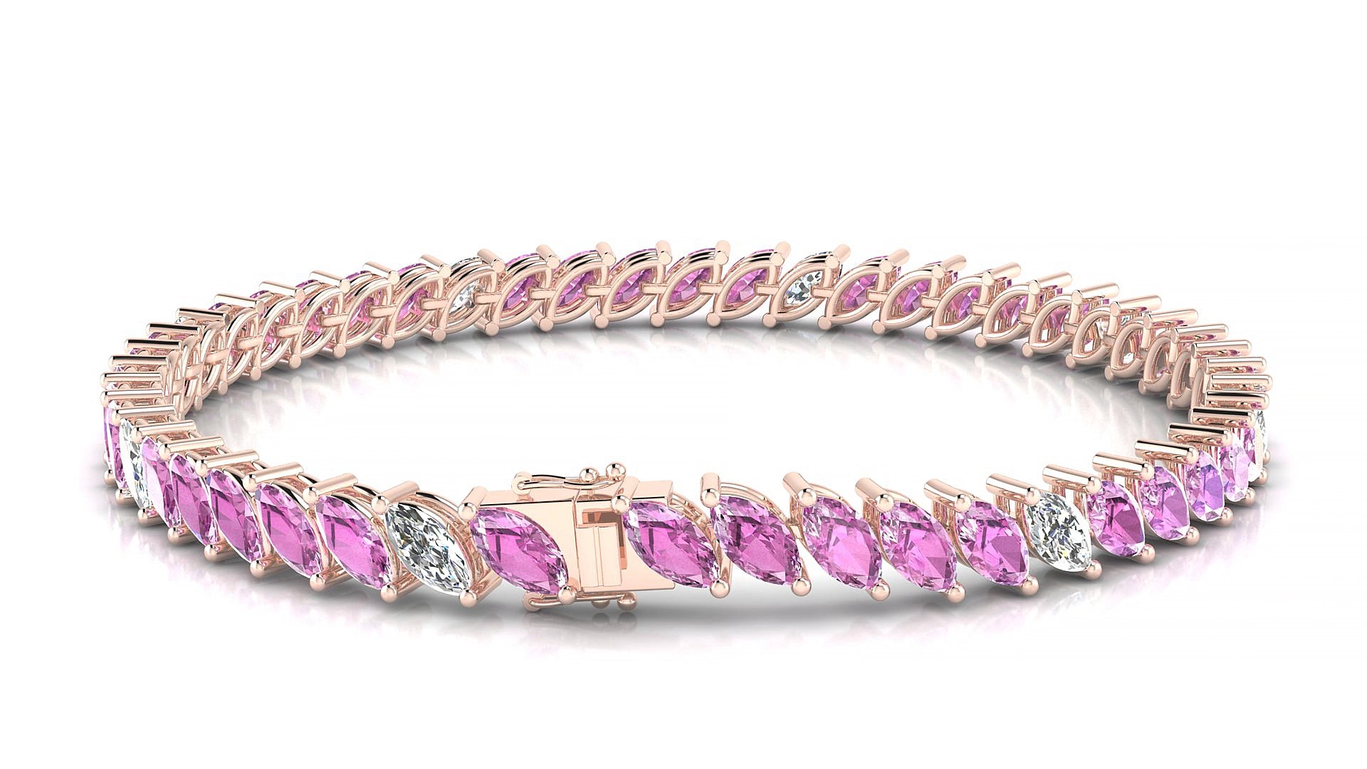 Venezia 5-1 | 18k Rose Gold 6 x 3 mm Marquise Natural Pink Sapphire & Diamond 15 cm Tennis Bracelet
