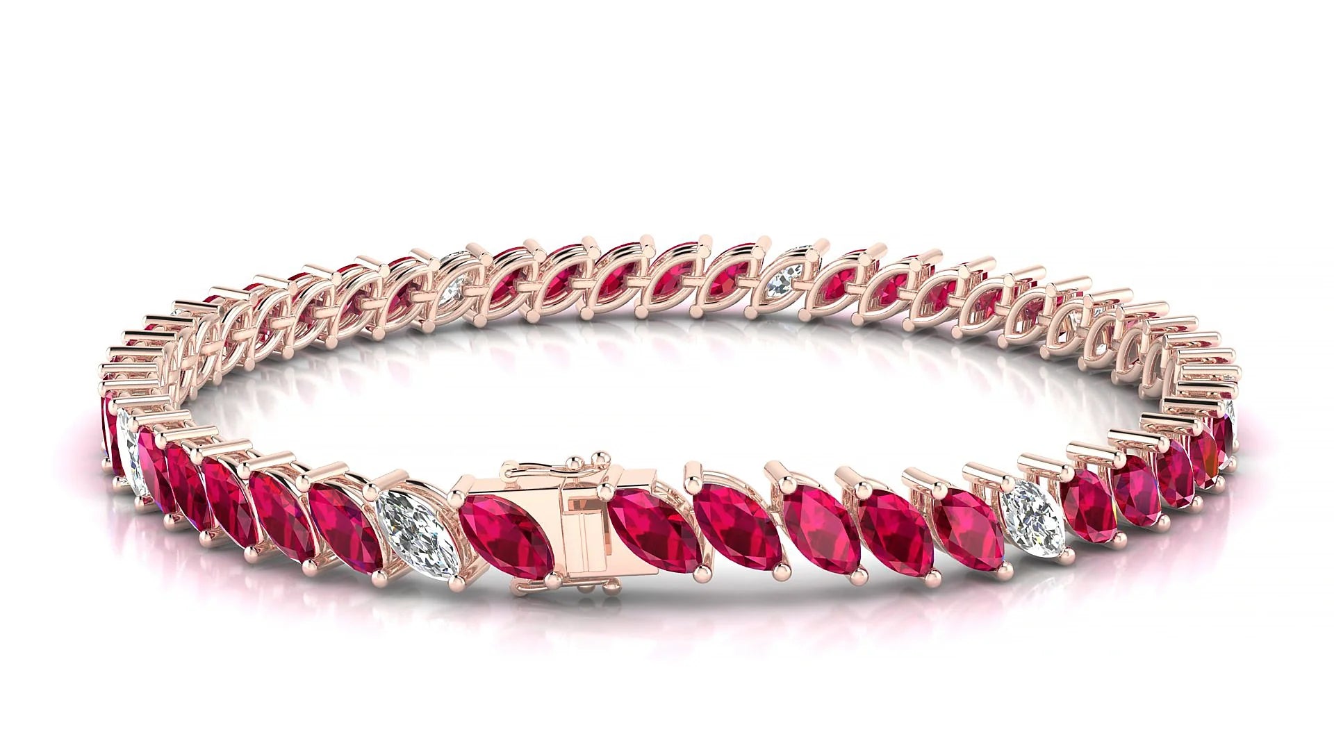 Venezia 5-1 | 18k Rose Gold 6 x 3 mm Marquise Natural Ruby & Diamond 18 cm Tennis Bracelet