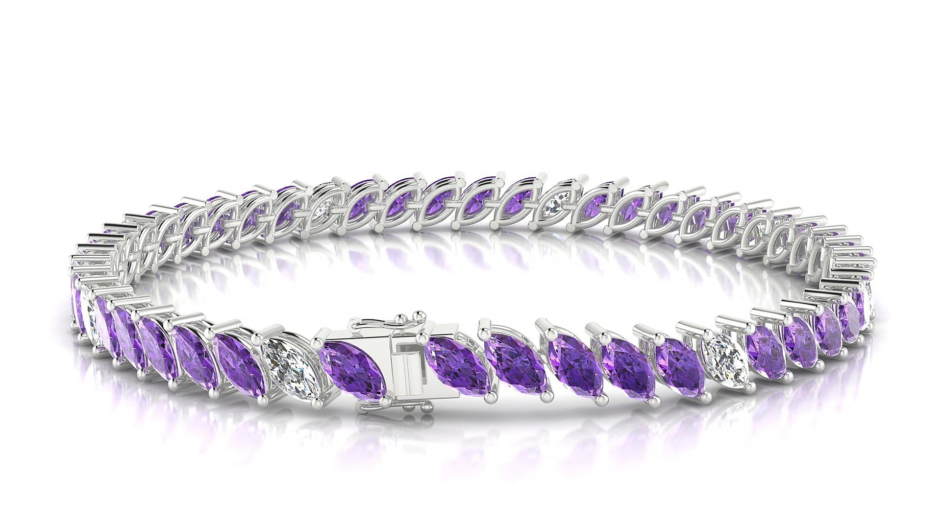 Venezia 5-1 | 18k White Gold 6 x 3 mm Marquise Natural Amethyst & Diamond 17 cm Tennis Bracelet