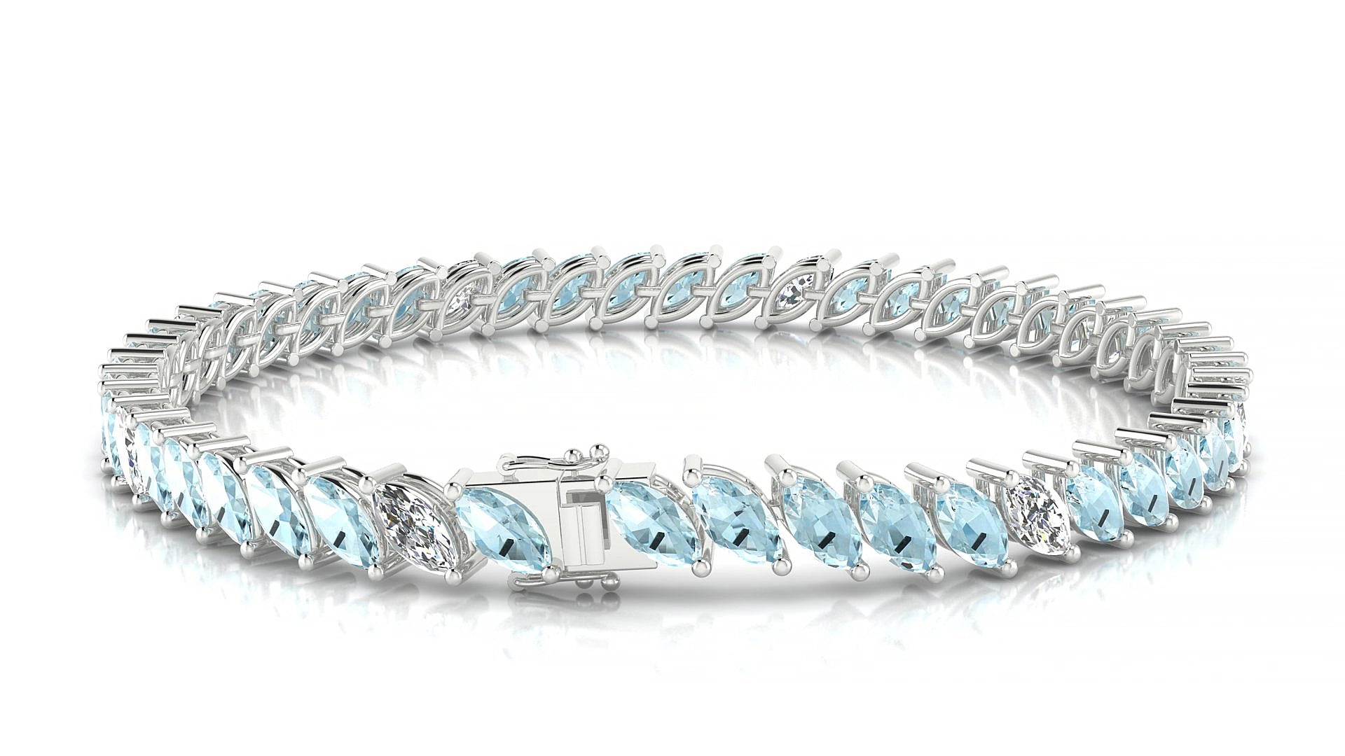 Venezia 5-1 | 18k White Gold 6 x 3 mm Marquise Natural Aquamarine & Diamond 19 cm Tennis Bracelet