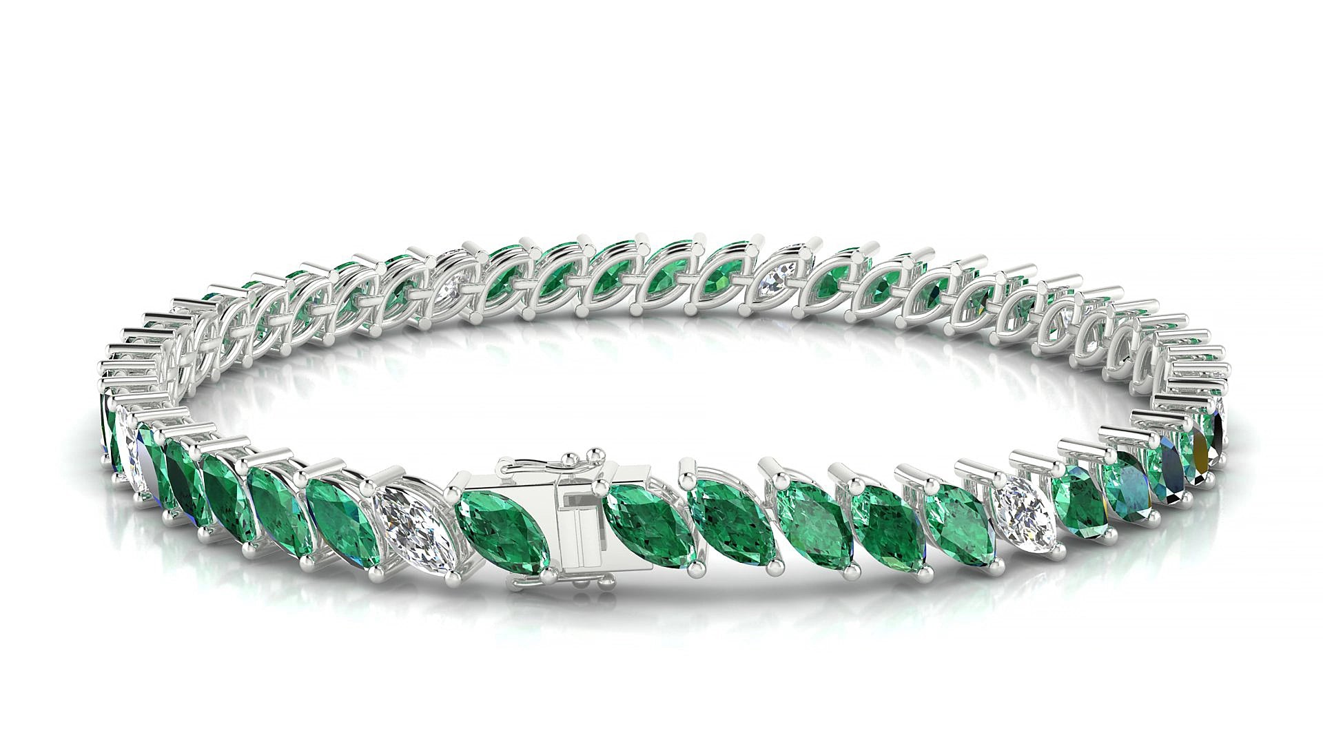 Venezia 5-1 | 18k White Gold 6 x 3 mm Marquise Natural Emerald & Diamond 15 cm Tennis Bracelet