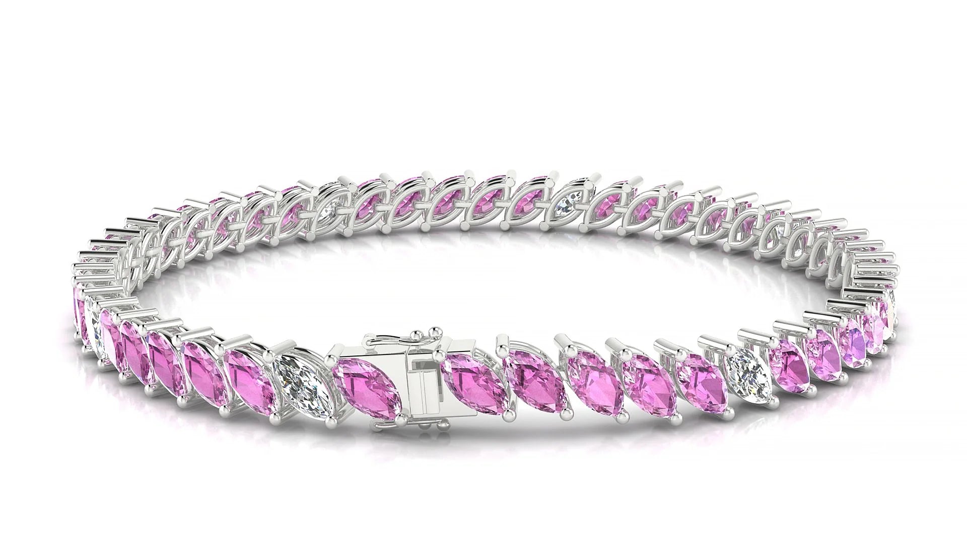 Venezia 5-1 | 18k White Gold 6 x 3 mm Marquise Natural Pink Sapphire & Diamond 18 cm Tennis Bracelet