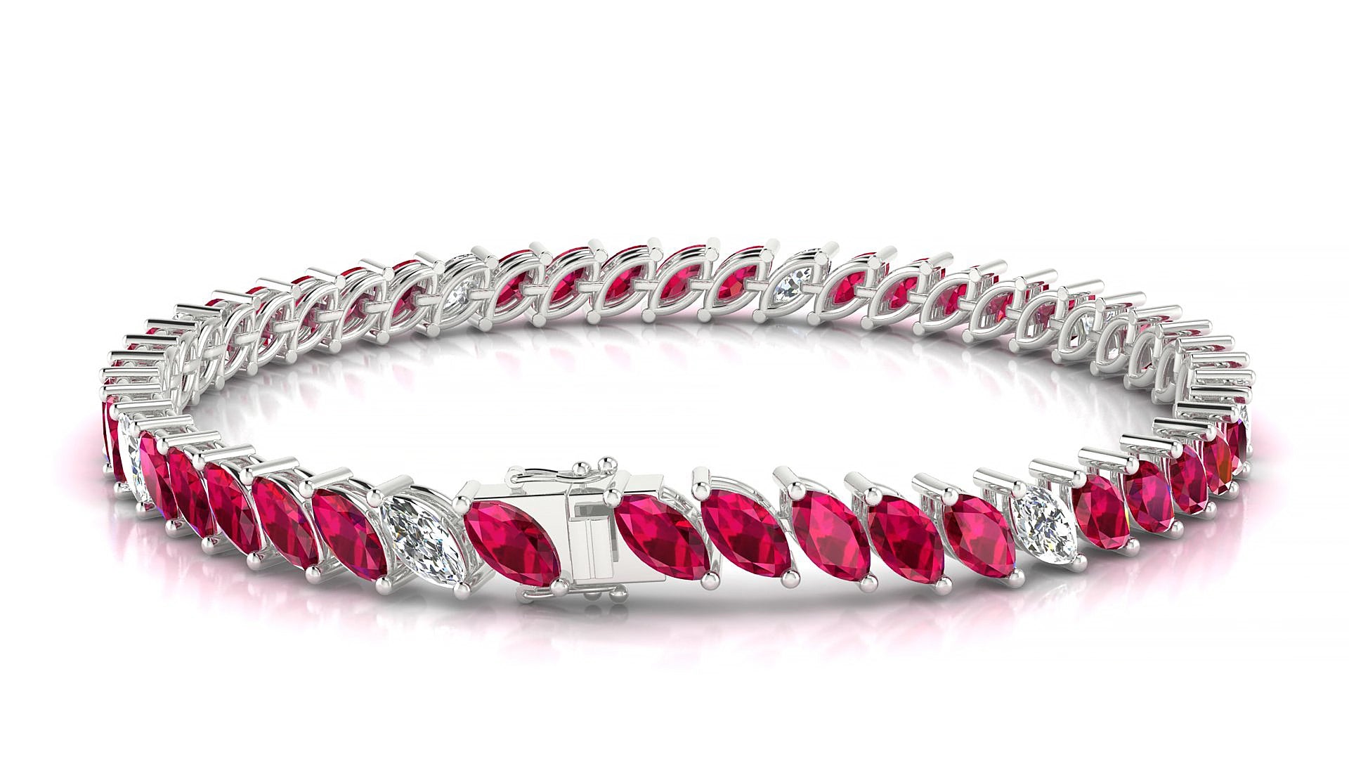 Venezia 5-1 | 18k White Gold 6 x 3 mm Marquise Natural Ruby & Diamond 16 cm Tennis Bracelet