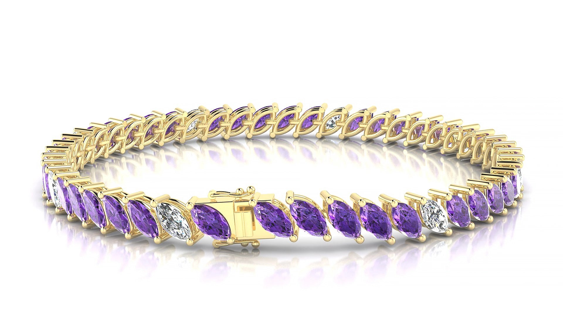 Venezia 5-1 | 18k Yellow Gold 6 x 3 mm Marquise Natural Amethyst & Diamond 15 cm Tennis Bracelet