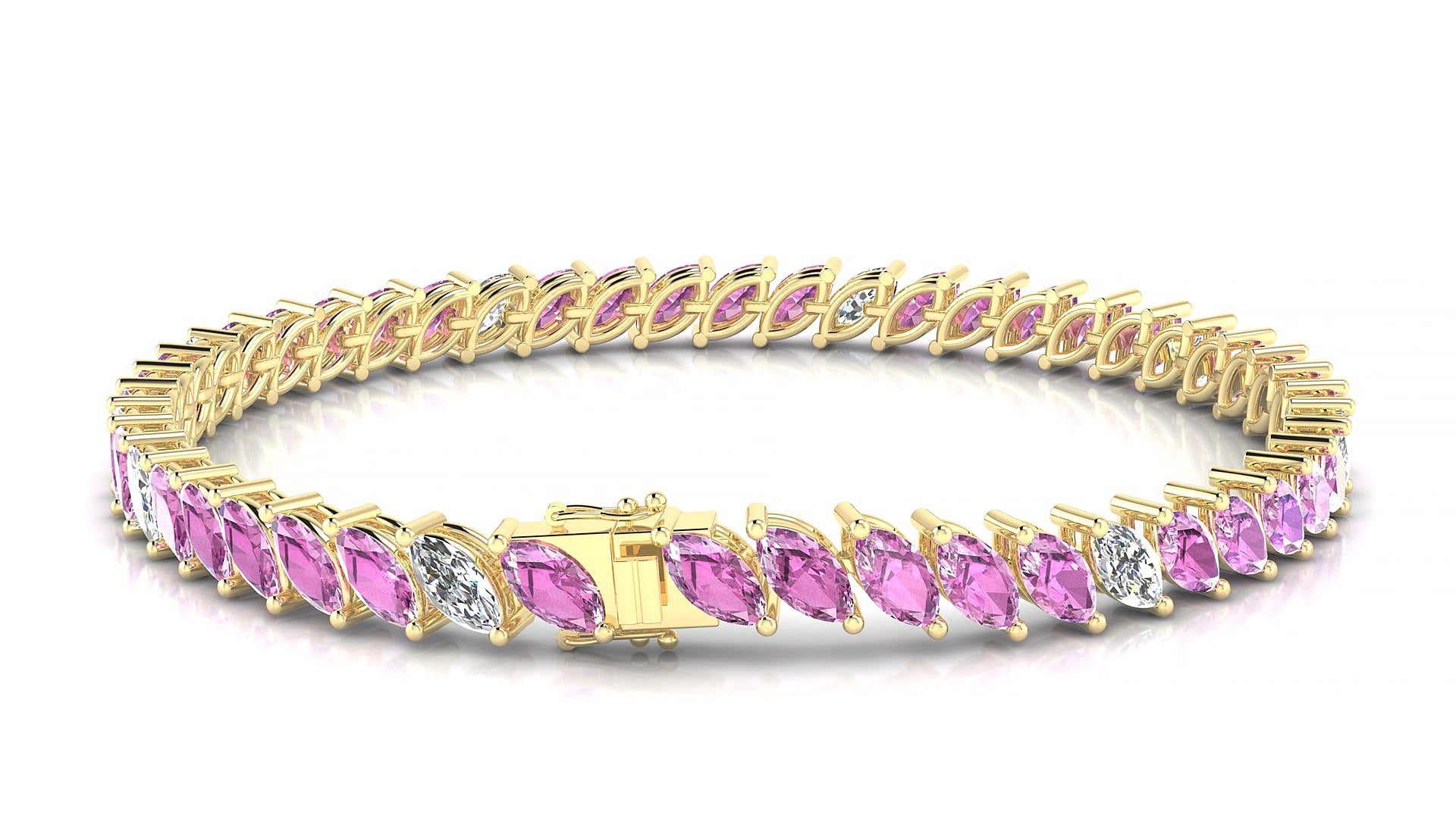 Venezia 5-1 | 18k Yellow Gold 6 x 3 mm Marquise Natural Pink Sapphire & Diamond 15 cm Tennis Bracelet