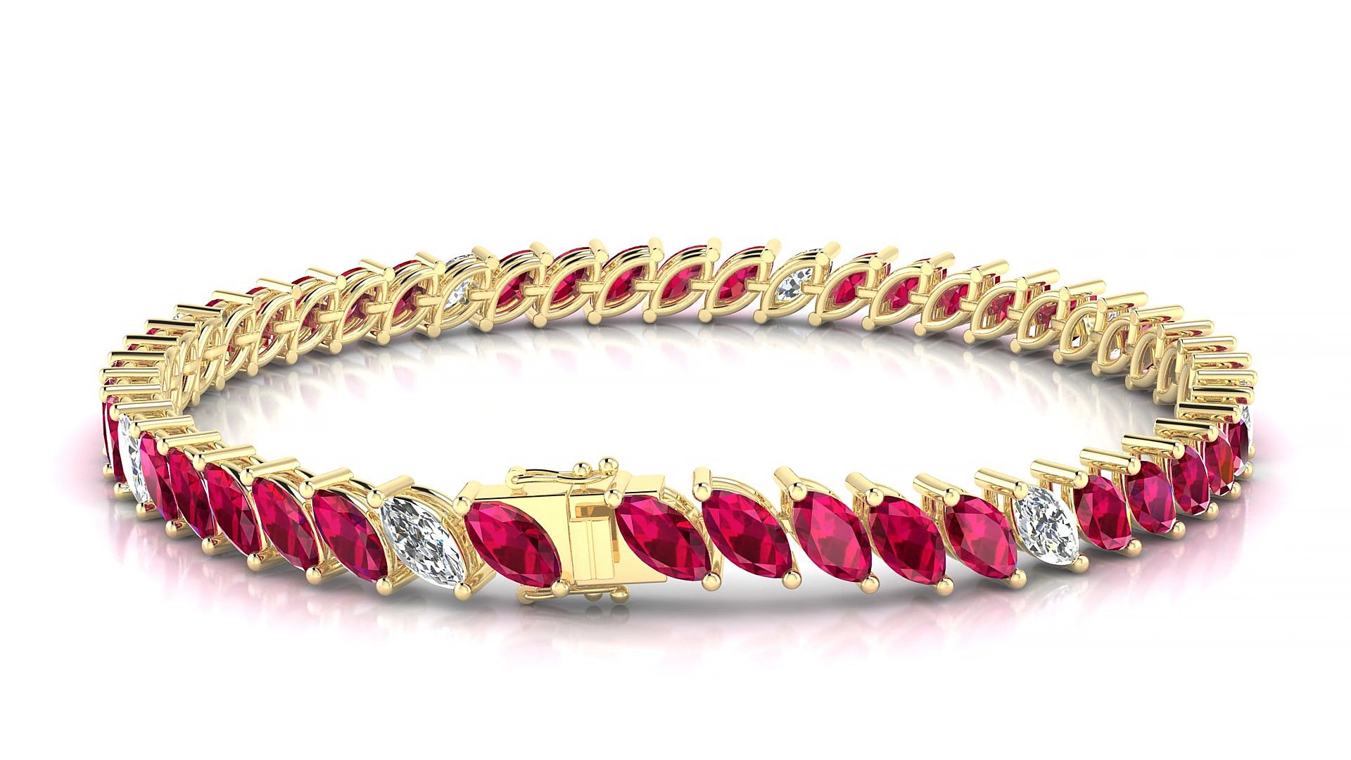 Venezia 5-1 | 18k Yellow Gold 6 x 3 mm Marquise Natural Ruby & Diamond 15 cm Tennis Bracelet