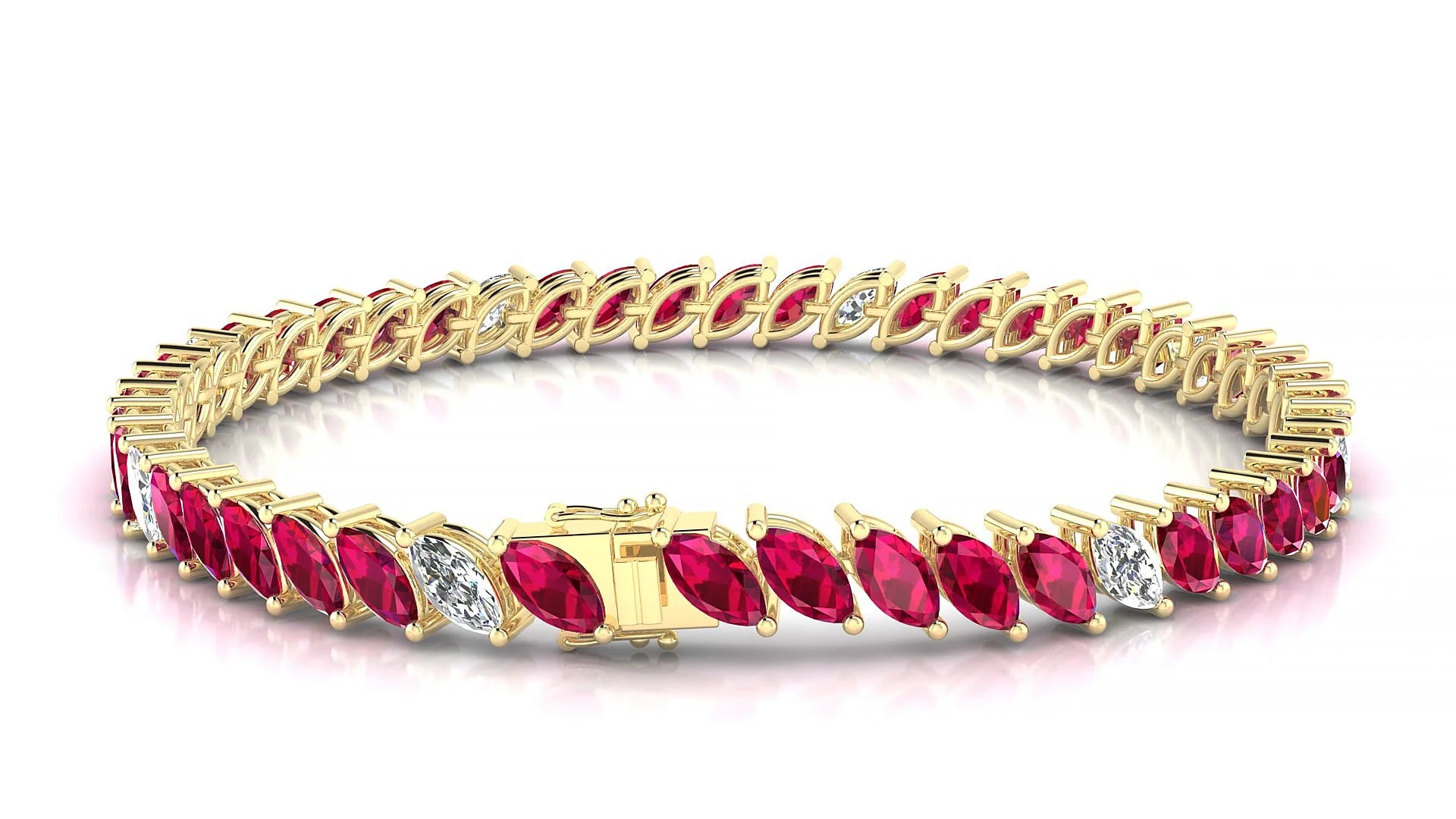 Venezia 5-1 | 18k Yellow Gold 6 x 3 mm Marquise Natural Ruby & Diamond 18 cm Tennis Bracelet