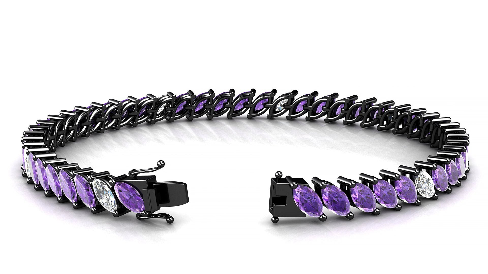 Venezia 5-1 | 18k Black Gold 6 x 3 mm Marquise Natural Amethyst & Diamond 19 cm Tennis Bracelet