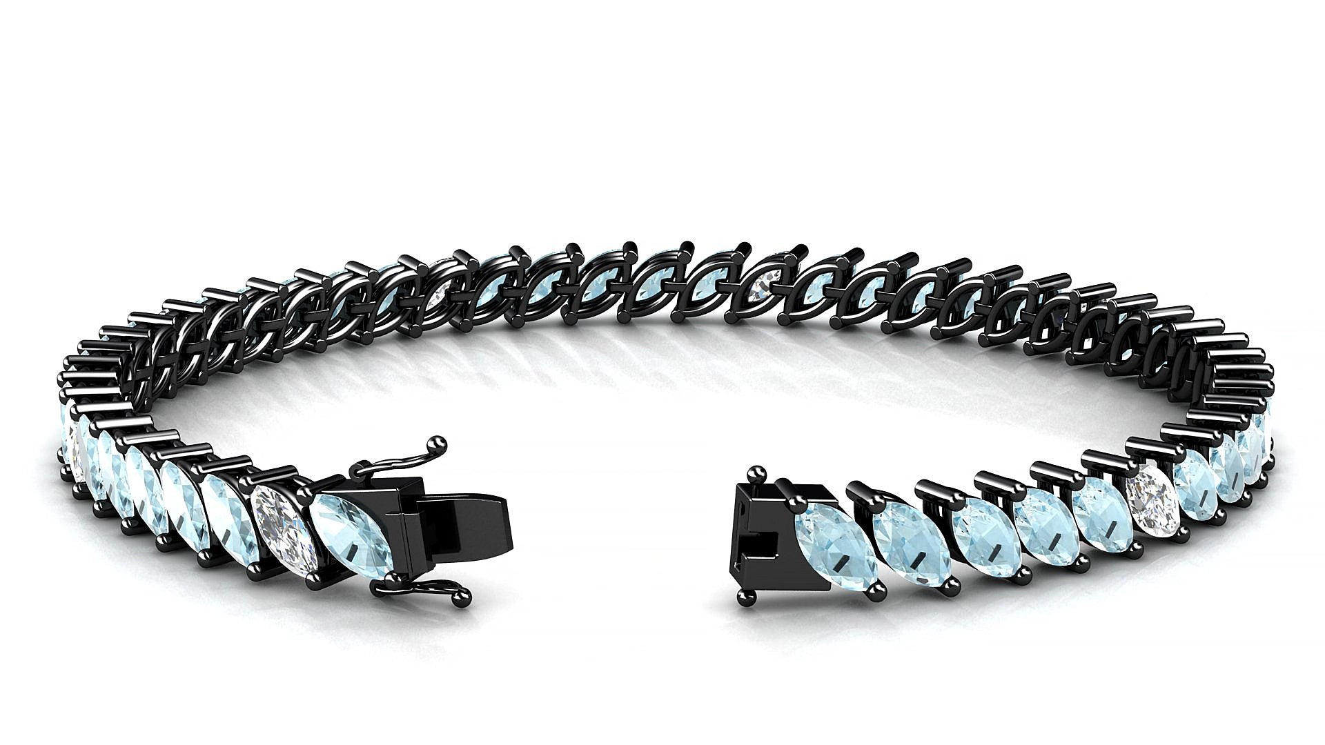 Venezia 5-1 | 18k Black Gold 6 x 3 mm Marquise Natural Aquamarine & Diamond 20 cm Tennis Bracelet