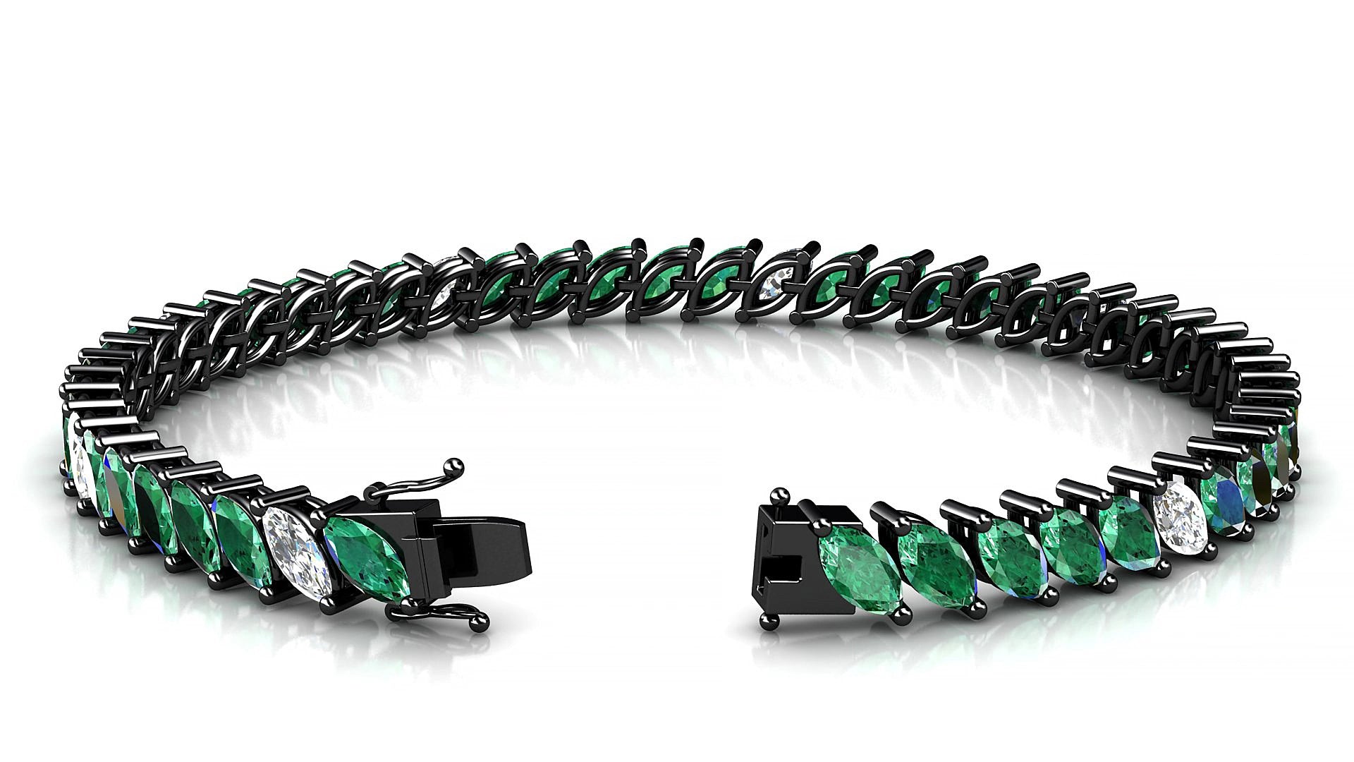 Venezia 5-1 | 18k Black Gold 6 x 3 mm Marquise Natural Emerald & Diamond 15 cm Tennis Bracelet