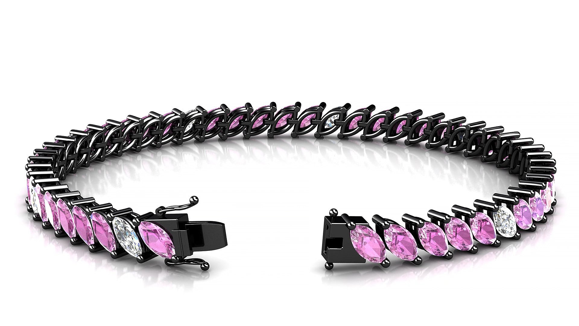 Venezia 5-1 | 18k Black Gold 6 x 3 mm Marquise Natural Pink Sapphire & Diamond 15 cm Tennis Bracelet