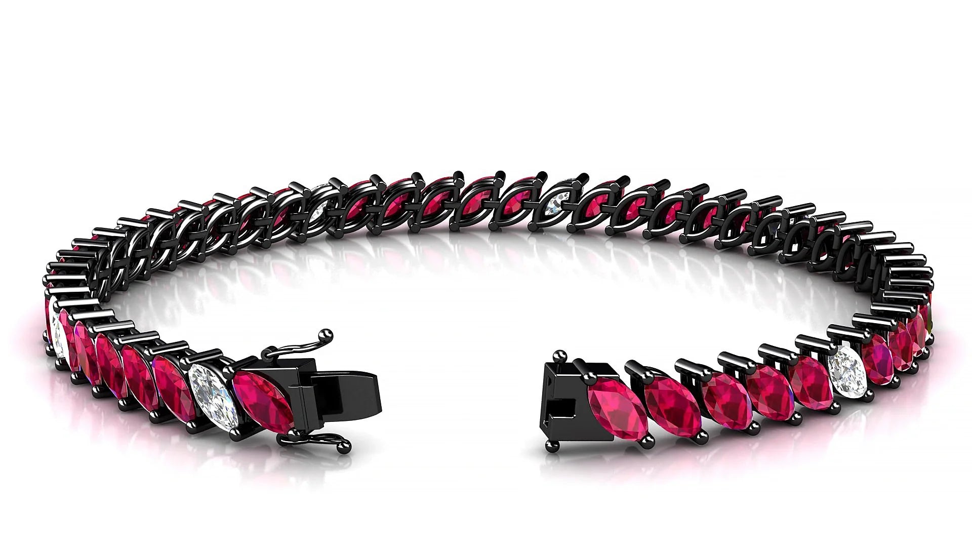 Venezia 5-1 | 18k Black Gold 6 x 3 mm Marquise Natural Ruby & Diamond 18 cm Tennis Bracelet