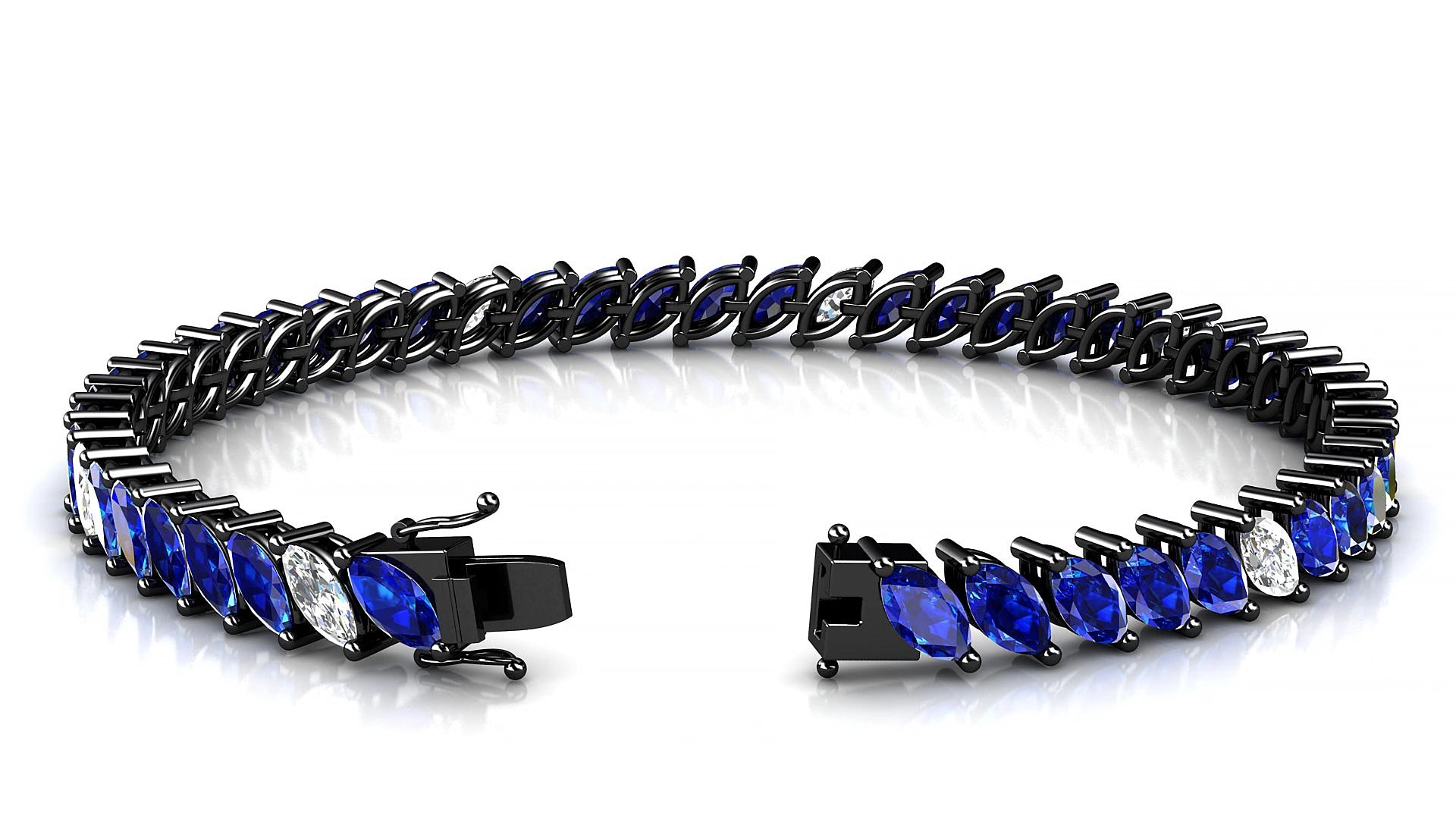 Venezia 5-1 | 18k Black Gold 6 x 3 mm Marquise Natural Sapphire & Diamond 15 cm Tennis Bracelet