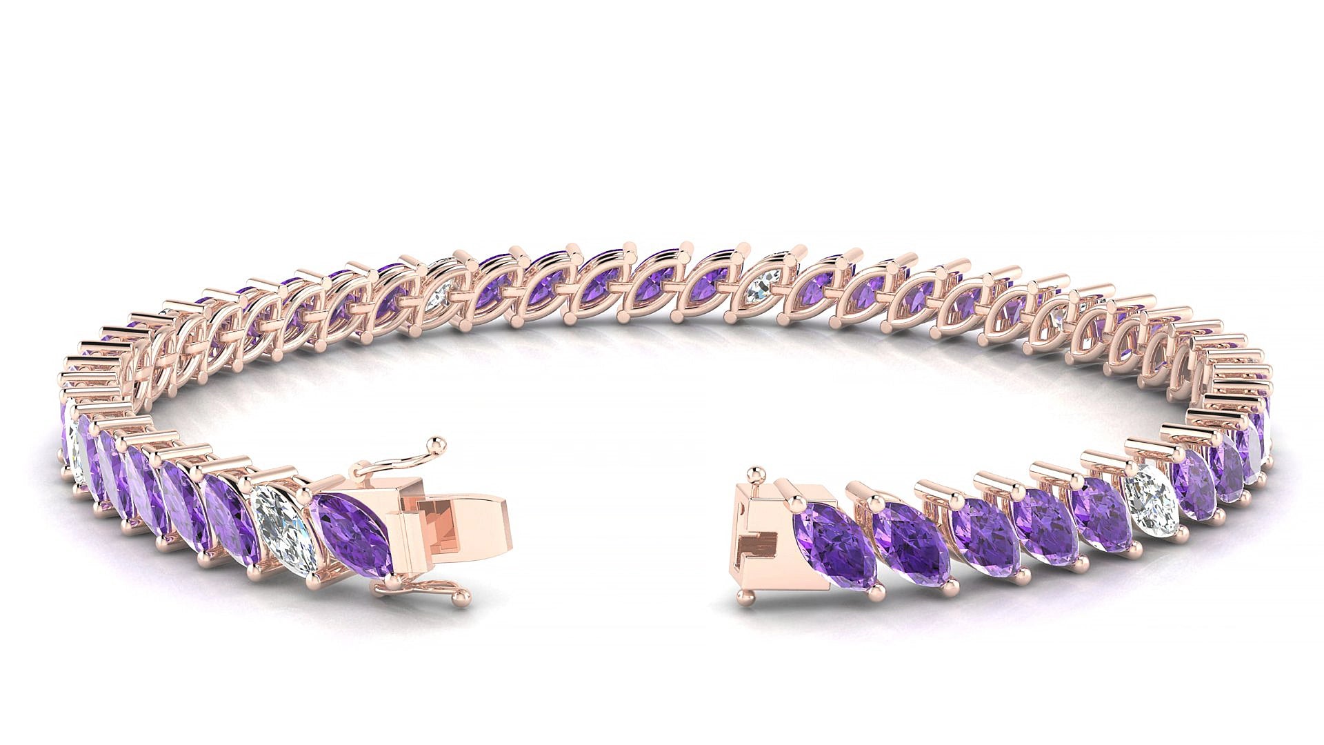Venezia 5-1 | 18k Rose Gold 6 x 3 mm Marquise Natural Amethyst & Diamond 16 cm Tennis Bracelet