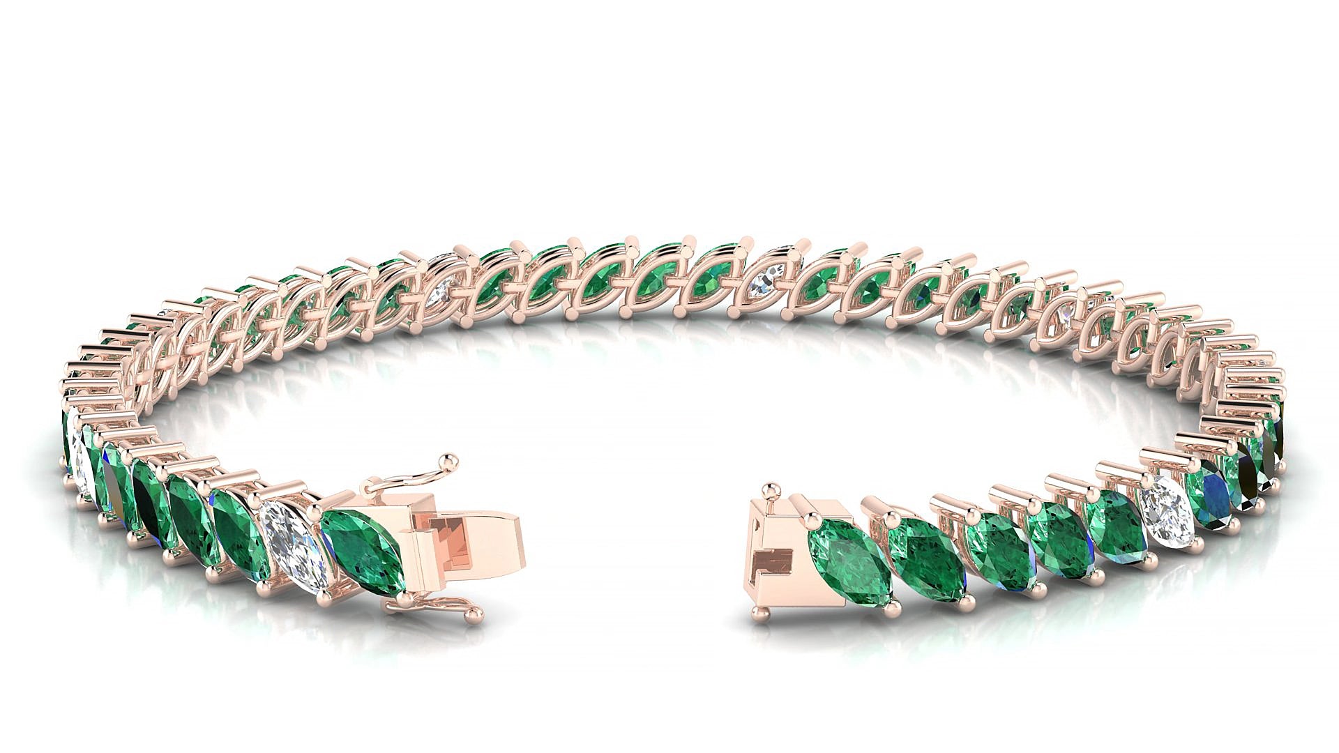 Venezia 5-1 | 18k Rose Gold 6 x 3 mm Marquise Natural Emerald & Diamond 17 cm Tennis Bracelet