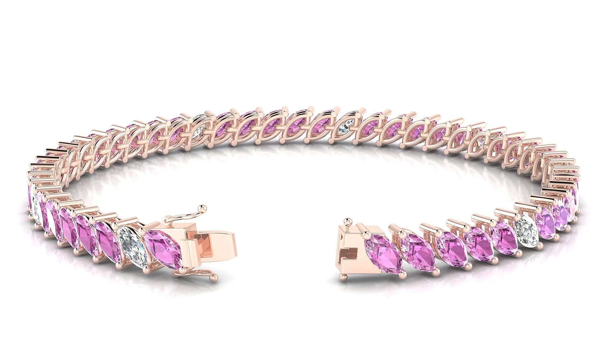 Venezia 5-1 | 18k Rose Gold 6 x 3 mm Marquise Natural Pink Sapphire & Diamond 18 cm Tennis Bracelet