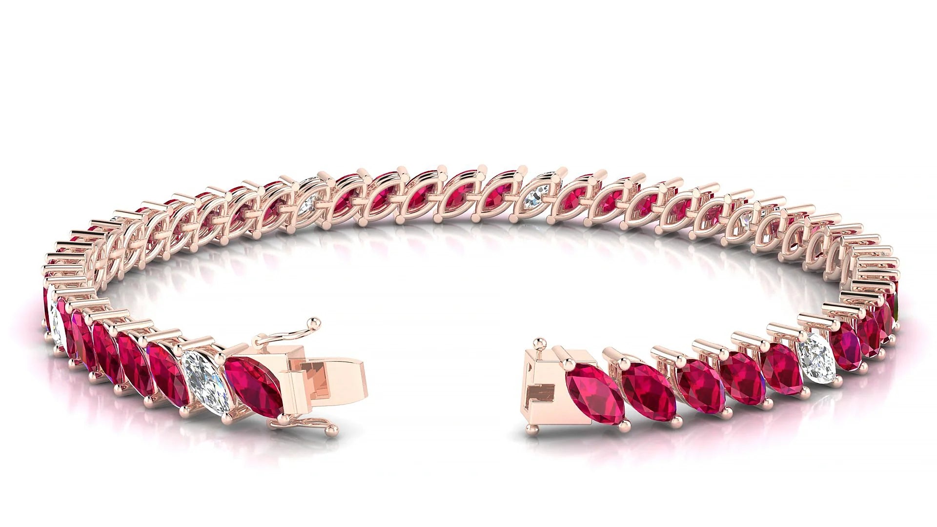 Venezia 5-1 | 18k Rose Gold 6 x 3 mm Marquise Natural Ruby & Diamond 18 cm Tennis Bracelet