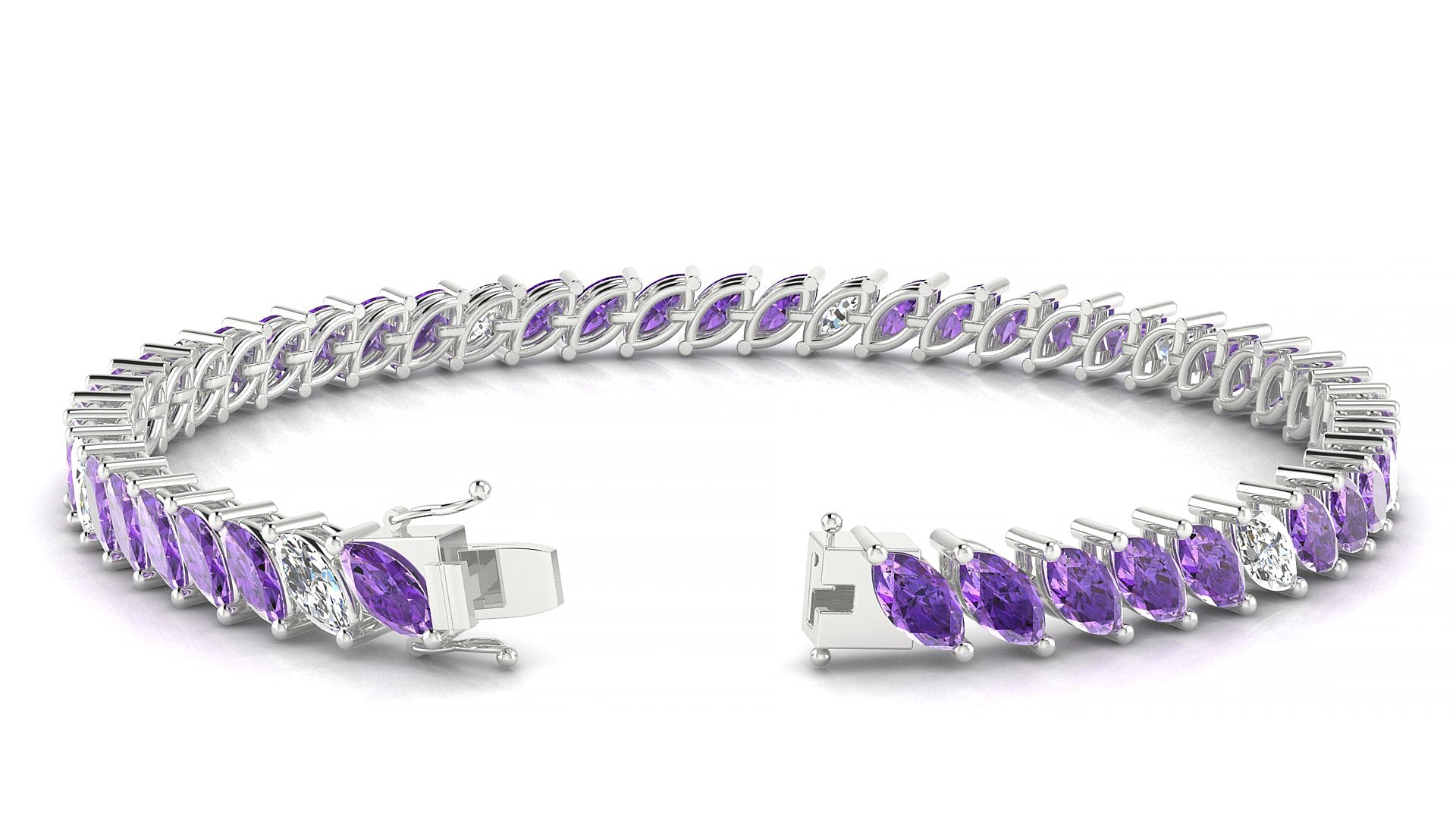 Venezia 5-1 | 18k White Gold 6 x 3 mm Marquise Natural Amethyst & Diamond 19 cm Tennis Bracelet