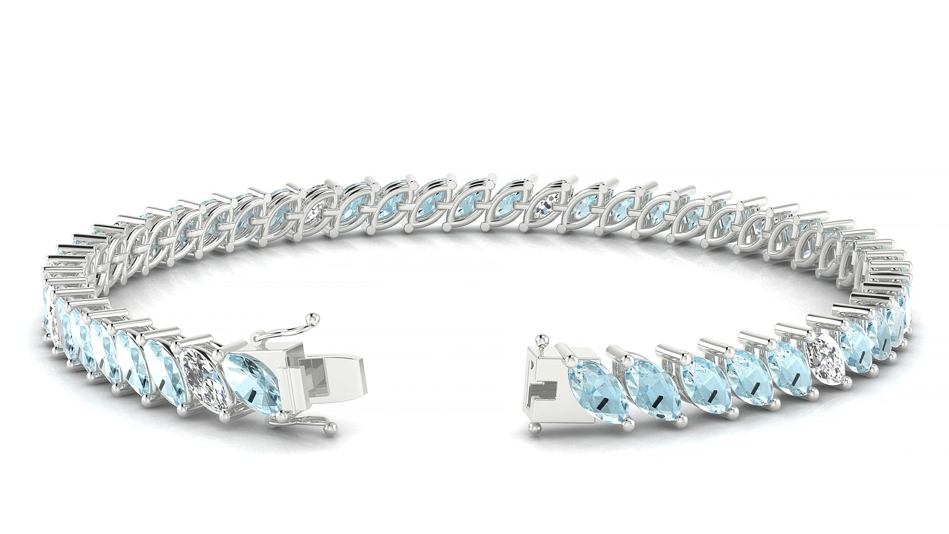 Venezia 5-1 | 18k White Gold 6 x 3 mm Marquise Natural Aquamarine & Diamond 19 cm Tennis Bracelet