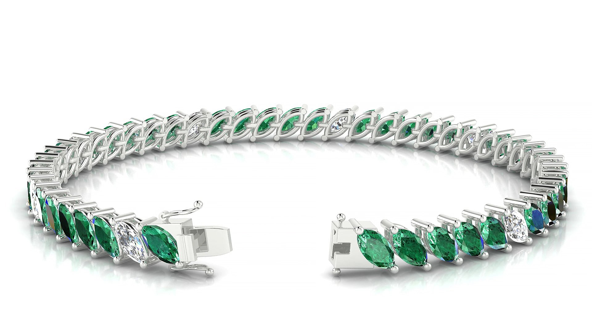 Venezia 5-1 | 18k White Gold 6 x 3 mm Marquise Natural Emerald & Diamond 15 cm Tennis Bracelet