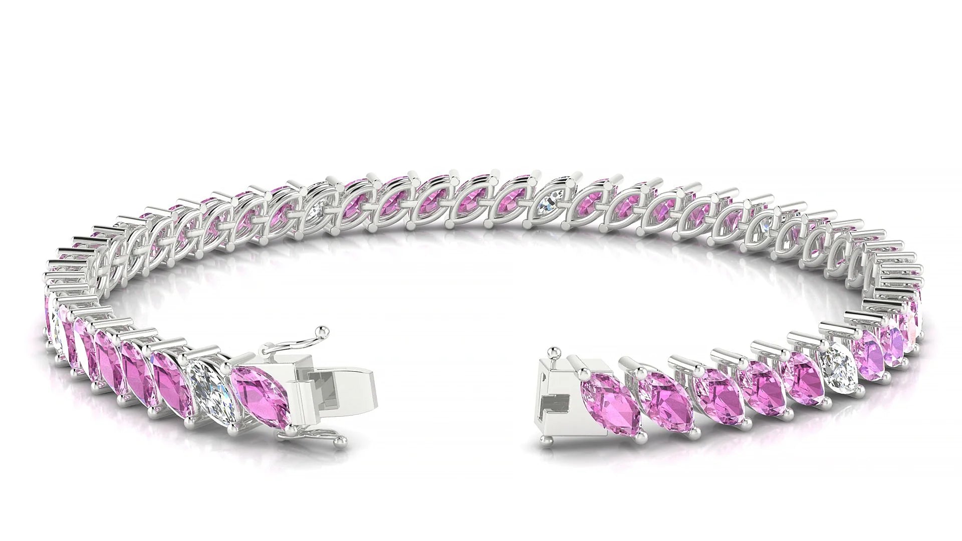 Venezia 5-1 | 18k White Gold 6 x 3 mm Marquise Natural Pink Sapphire & Diamond 18 cm Tennis Bracelet