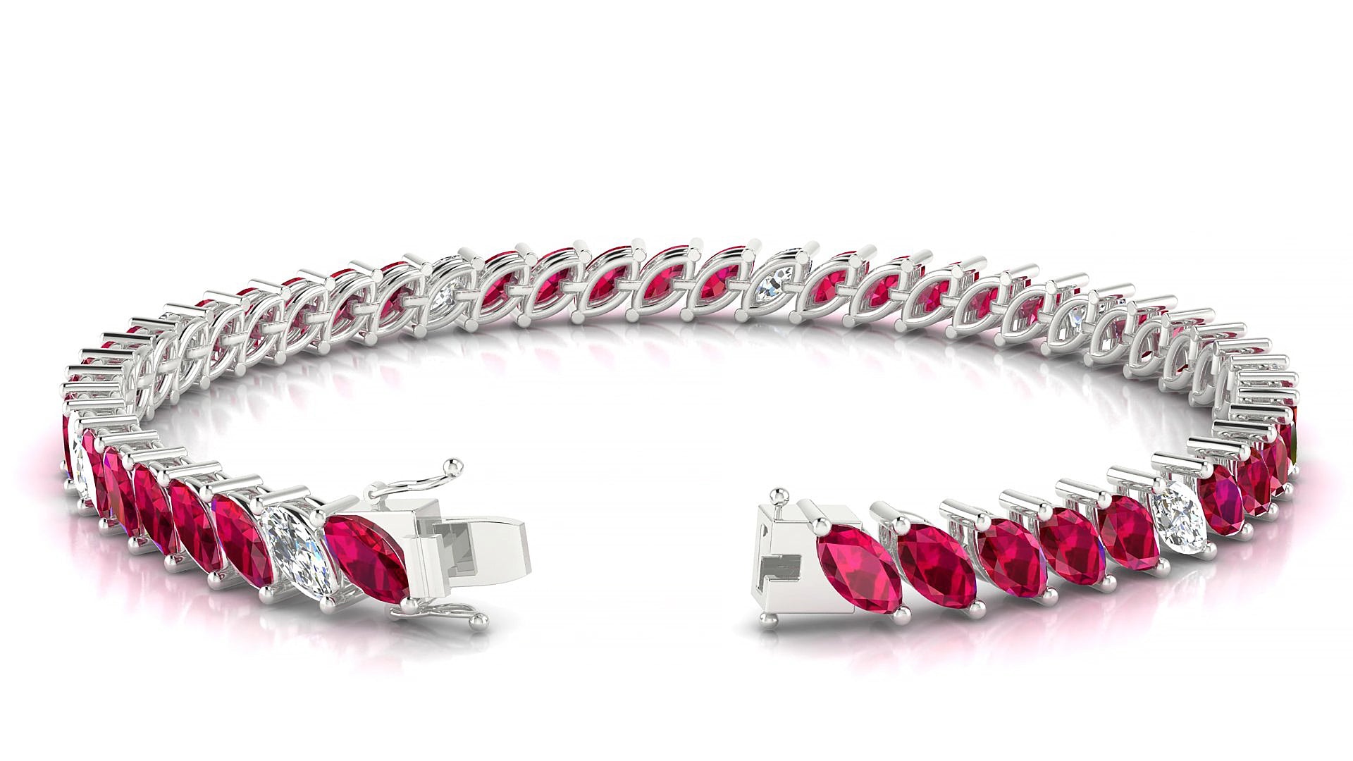 Venezia 5-1 | 18k White Gold 6 x 3 mm Marquise Natural Ruby & Diamond 19 cm Tennis Bracelet