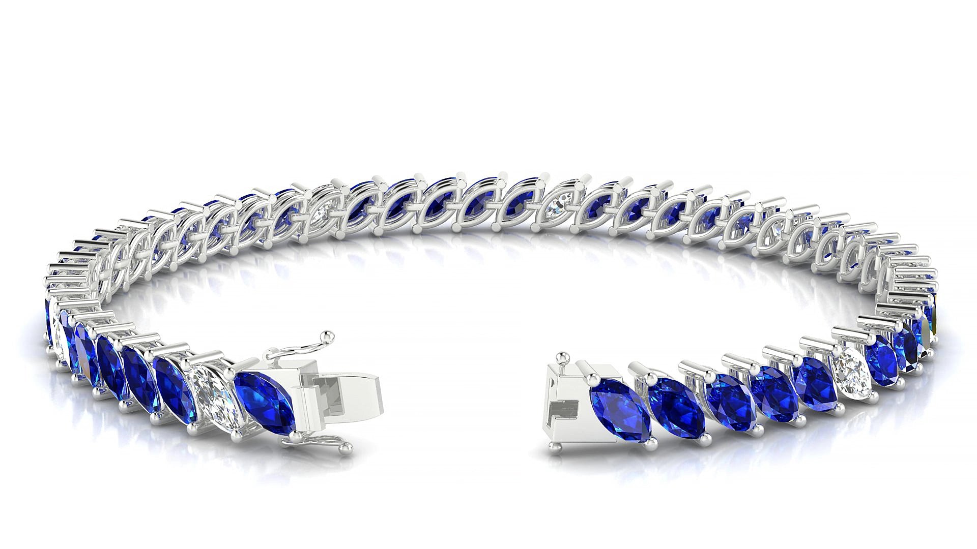 Venezia 5-1 | 18k White Gold 6 x 3 mm Marquise Natural Sapphire & Diamond 17 cm Tennis Bracelet