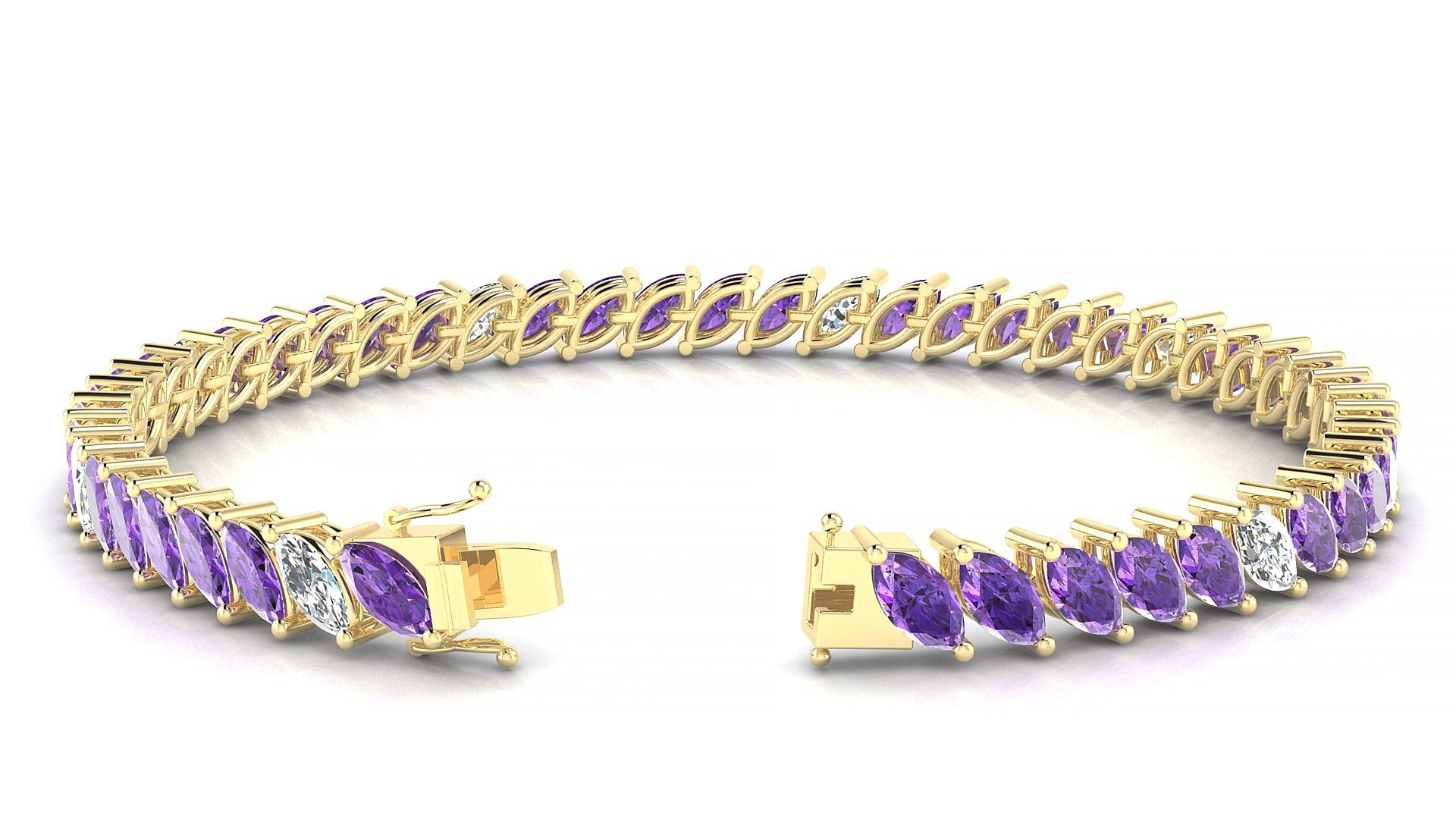 Venezia 5-1 | 18k Yellow Gold 6 x 3 mm Marquise Natural Amethyst & Diamond 20 cm Tennis Bracelet