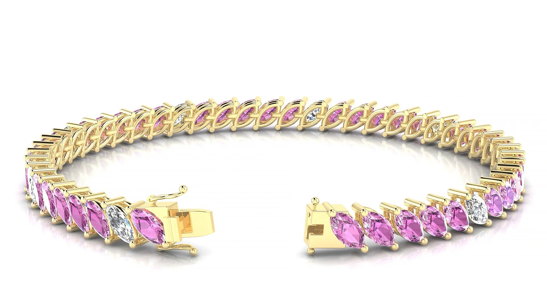 Venezia 5-1 | 18k Yellow Gold 6 x 3 mm Marquise Natural Pink Sapphire & Diamond 18 cm Tennis Bracelet