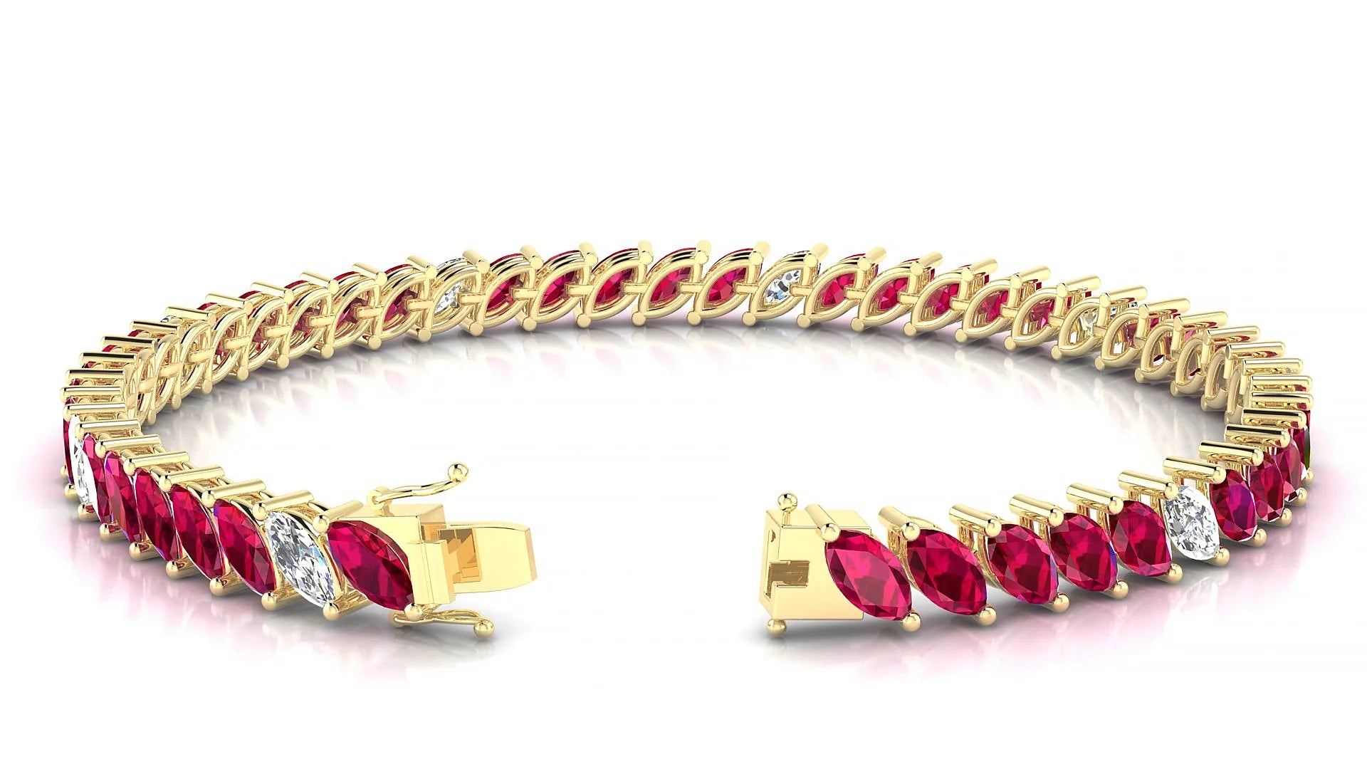 Venezia 5-1 | 18k Yellow Gold 6 x 3 mm Marquise Natural Ruby & Diamond 18 cm Tennis Bracelet