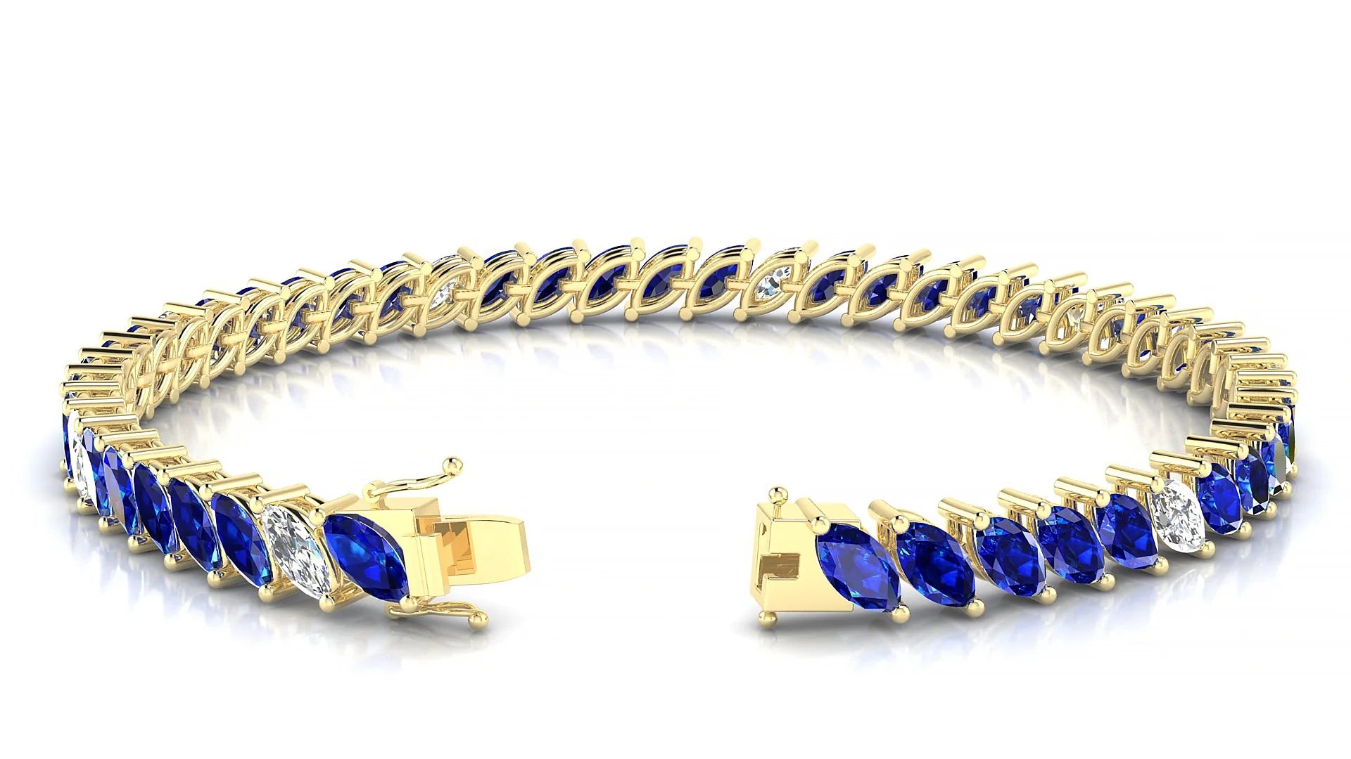 Venezia 5-1 | 18k Yellow Gold 6 x 3 mm Marquise Natural Sapphire & Diamond 18 cm Tennis Bracelet
