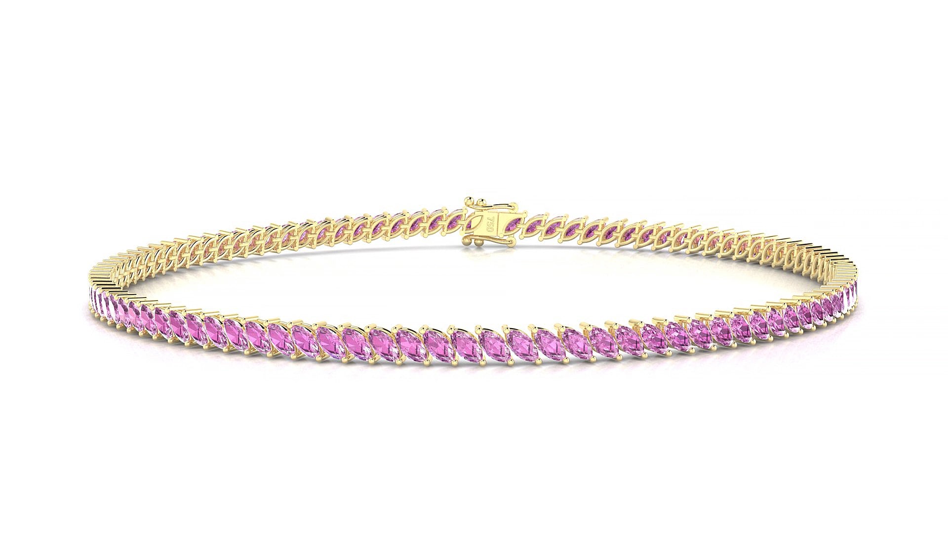 Venezia | 18k Yellow Gold 3 x 1.5 mm Marquise Natural Pink Sapphire 16 cm Tennis Bracelet
