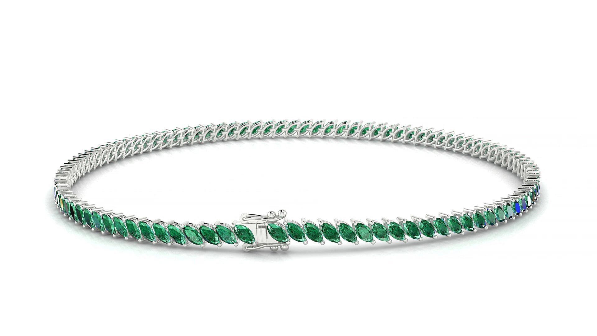 Venezia | 18k White Gold 3 x 1.5 mm Marquise Natural Emerald 15 cm Tennis Bracelet