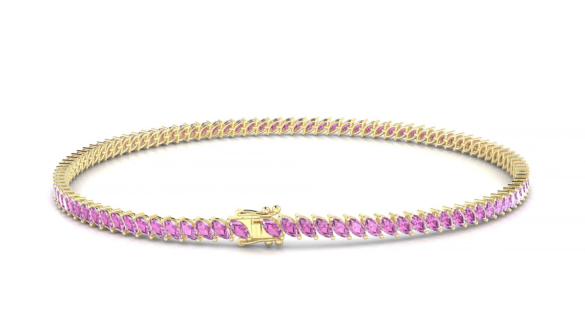 Venezia | 18k Yellow Gold 3 x 1.5 mm Marquise Natural Pink Sapphire 20 cm Tennis Bracelet