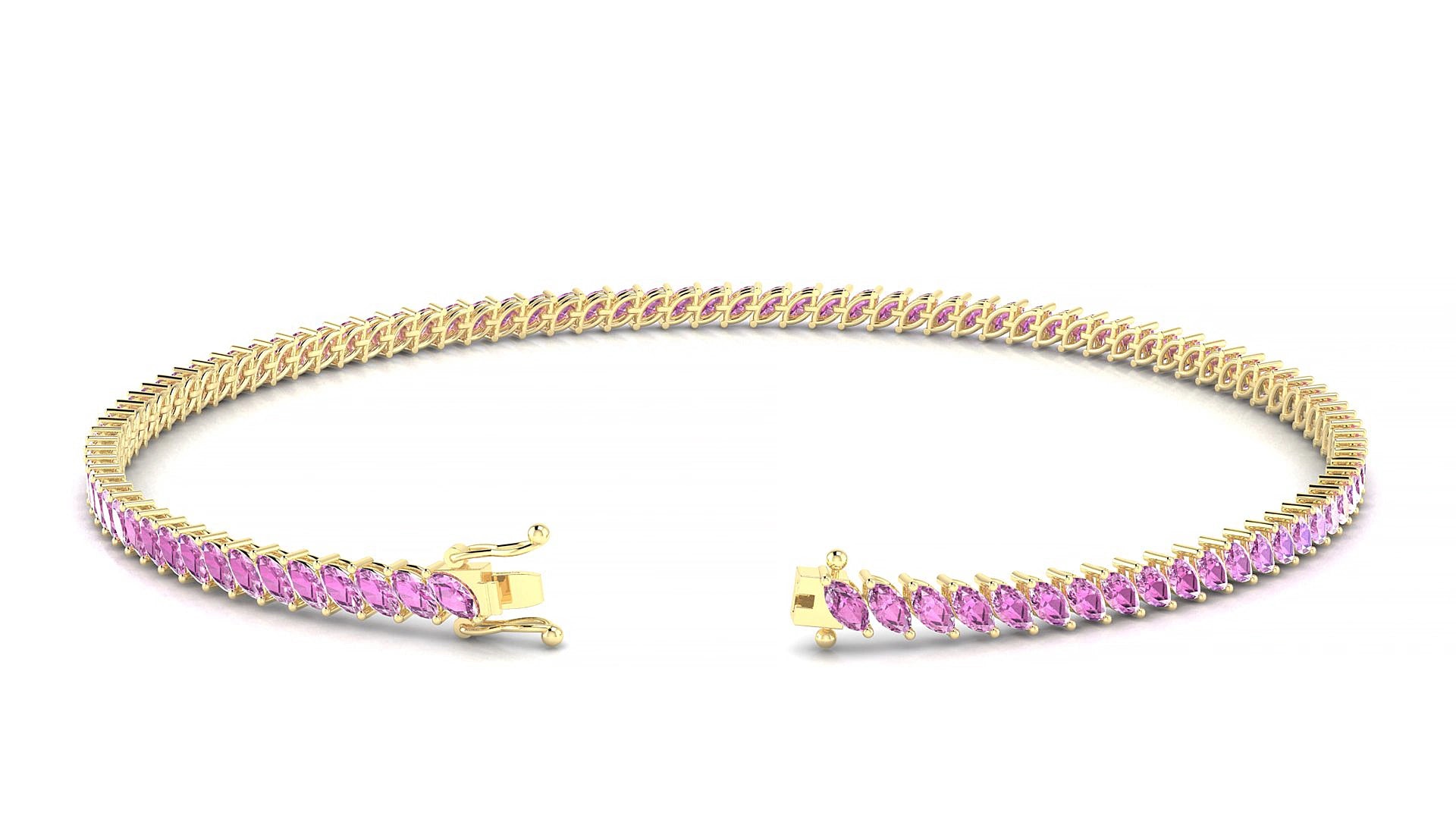 Venezia | 18k Yellow Gold 3 x 1.5 mm Marquise Natural Pink Sapphire 15 cm Tennis Bracelet