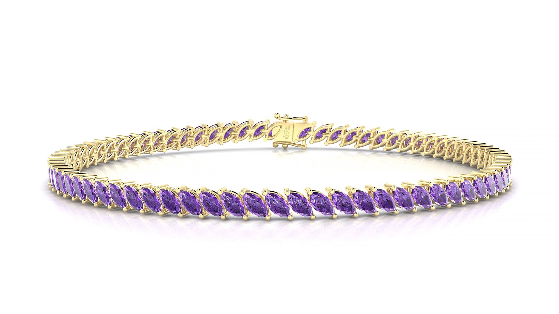 Venezia | 18k Yellow Gold 4 x 2 mm Marquise Natural Amethyst 15 cm Tennis Bracelet