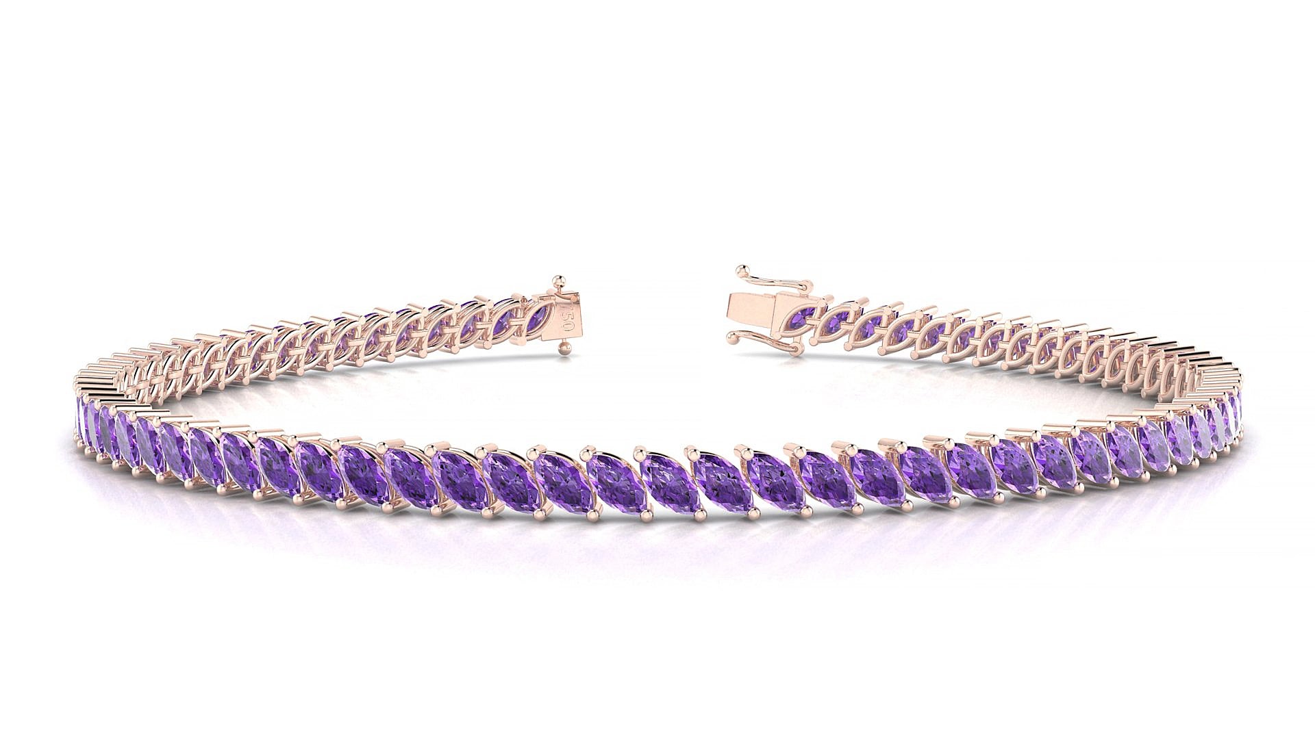 Venezia | 18k Rose Gold 4 x 2 mm Marquise Natural Amethyst 17 cm Tennis Bracelet