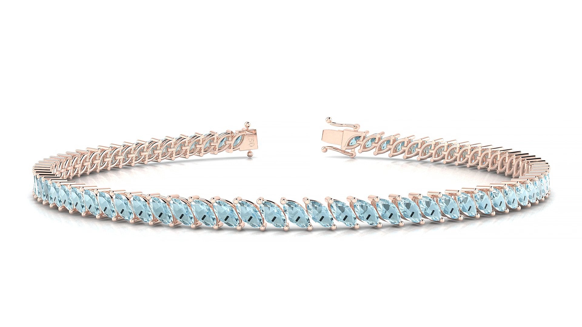 Venezia | 18k Rose Gold 4 x 2 mm Marquise Natural Aquamarine 15 cm Tennis Bracelet
