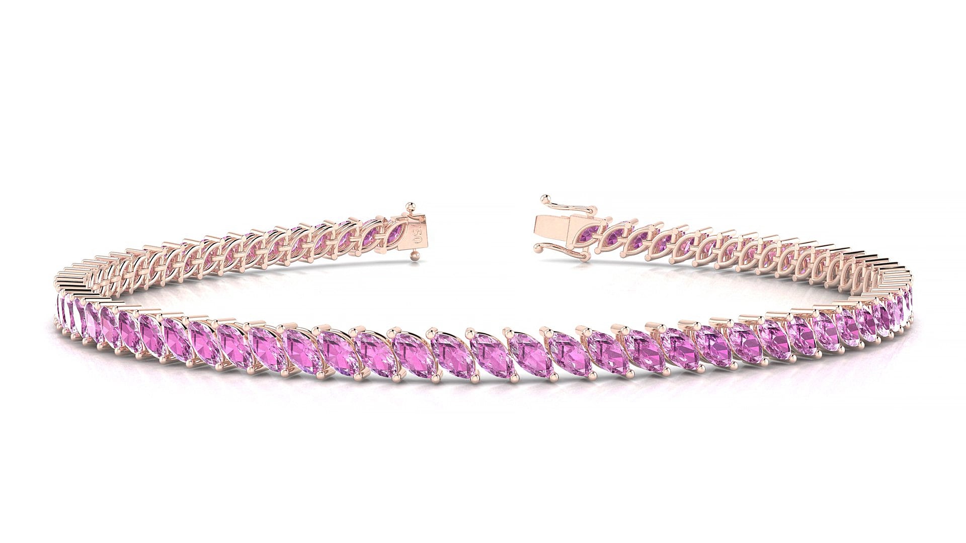 Venezia | 18k Rose Gold 4 x 2 mm Marquise Natural Pink Sapphire 17 cm Tennis Bracelet