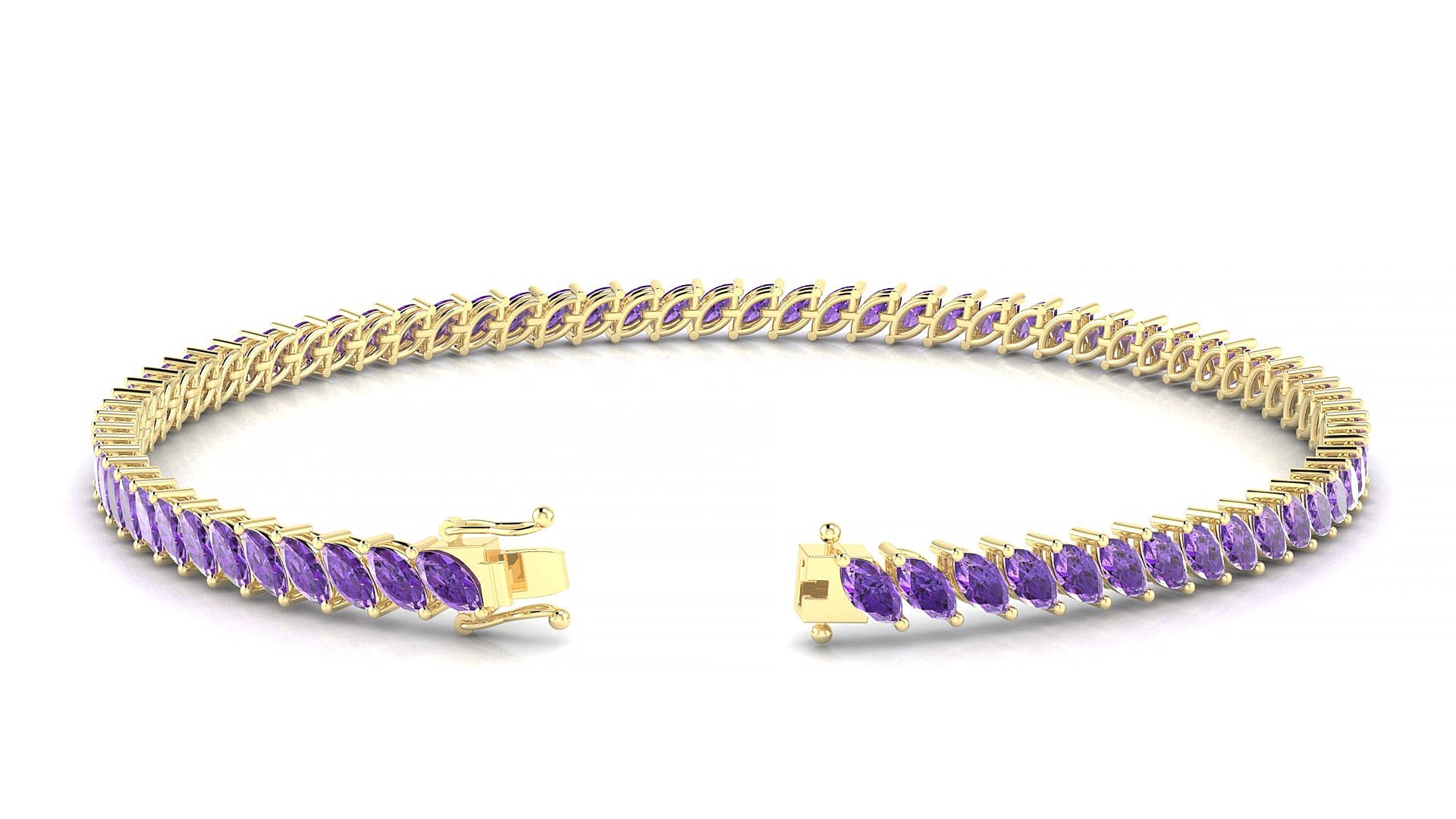 Venezia | 18k Yellow Gold 4 x 2 mm Marquise Natural Amethyst 17 cm Tennis Bracelet