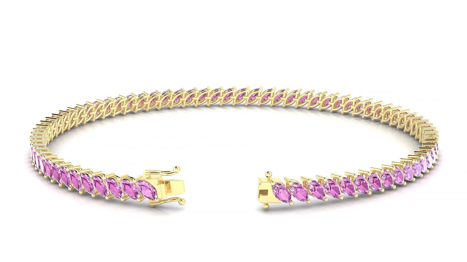 Venezia | 18k Yellow Gold 4 x 2 mm Marquise Natural Pink Sapphire 15 cm Tennis Bracelet