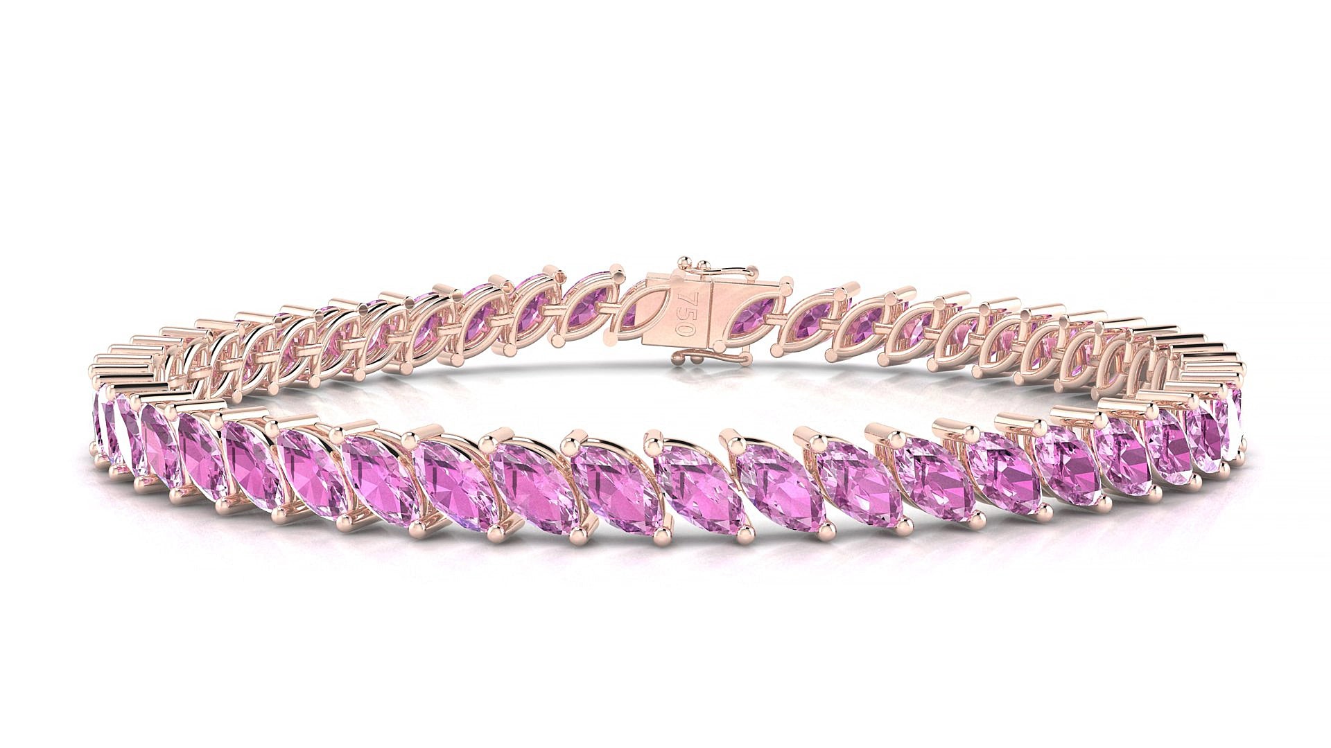 Venezia | 18k Rose Gold 6 x 3 mm Marquise Natural Pink Sapphire 15 cm Tennis Bracelet