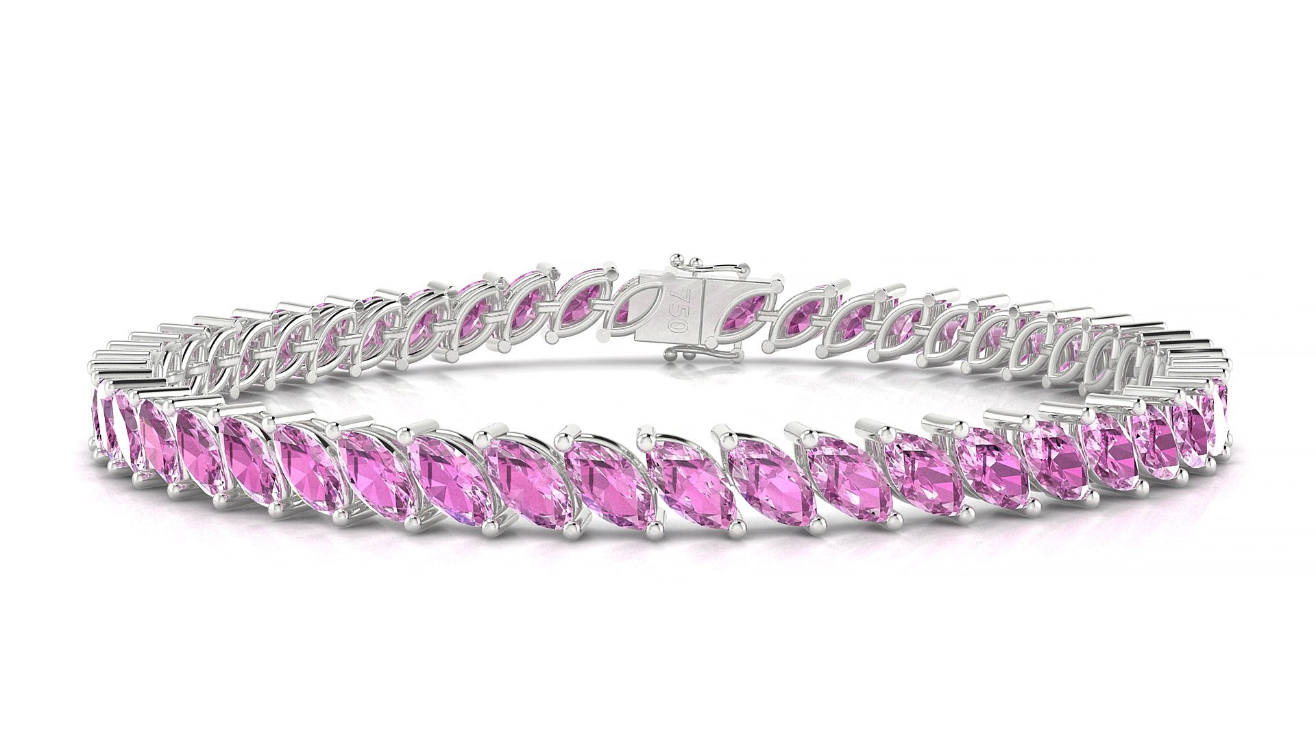 Venezia | 18k White Gold 6 x 3 mm Marquise Natural Pink Sapphire 19 cm Tennis Bracelet